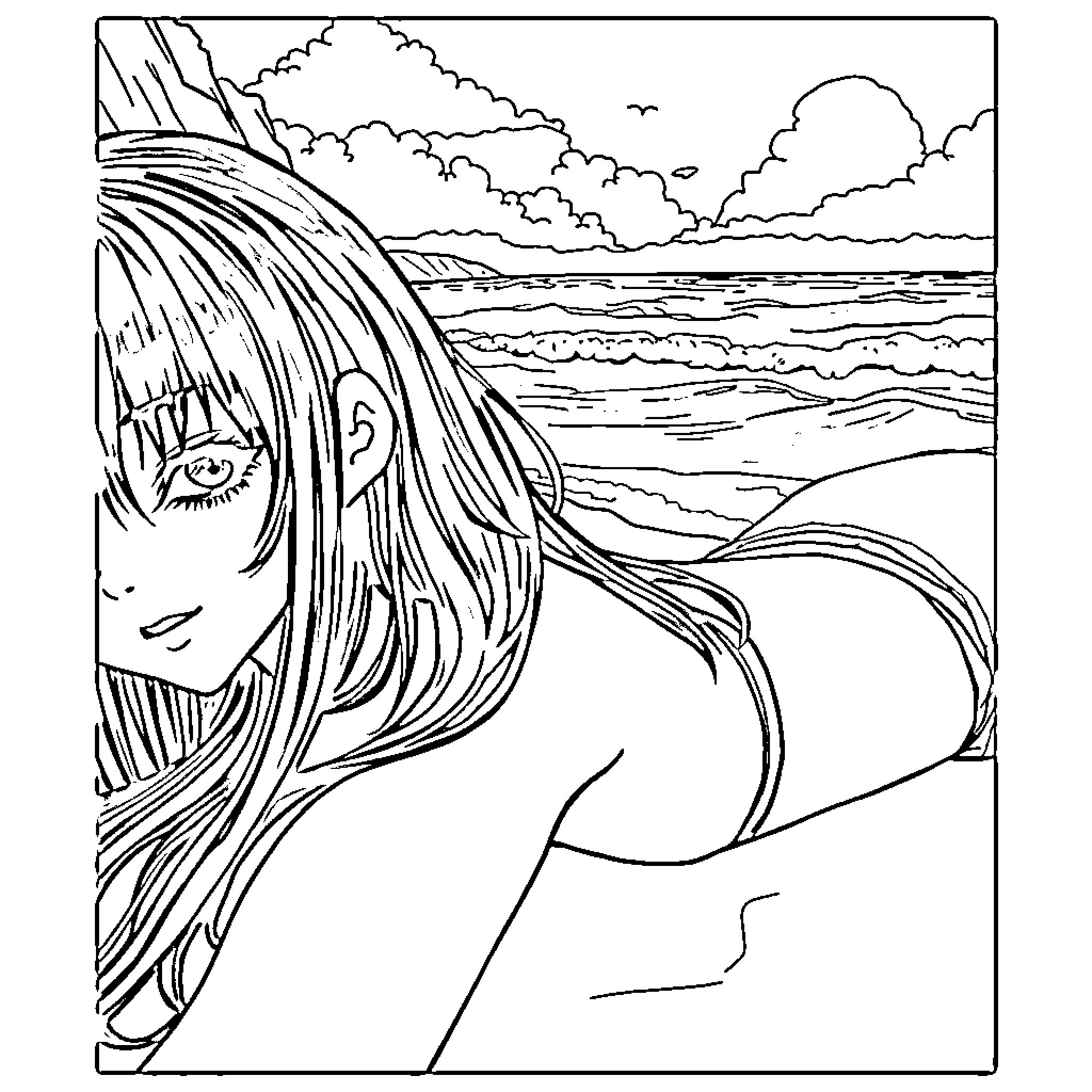 Anime Girl Enjoying Serene Coastal Scenery Coloring Page (free black-and-white line drawing printable PDF for all, from beginners to advanced learners, including children, teens, adults, and seniors)