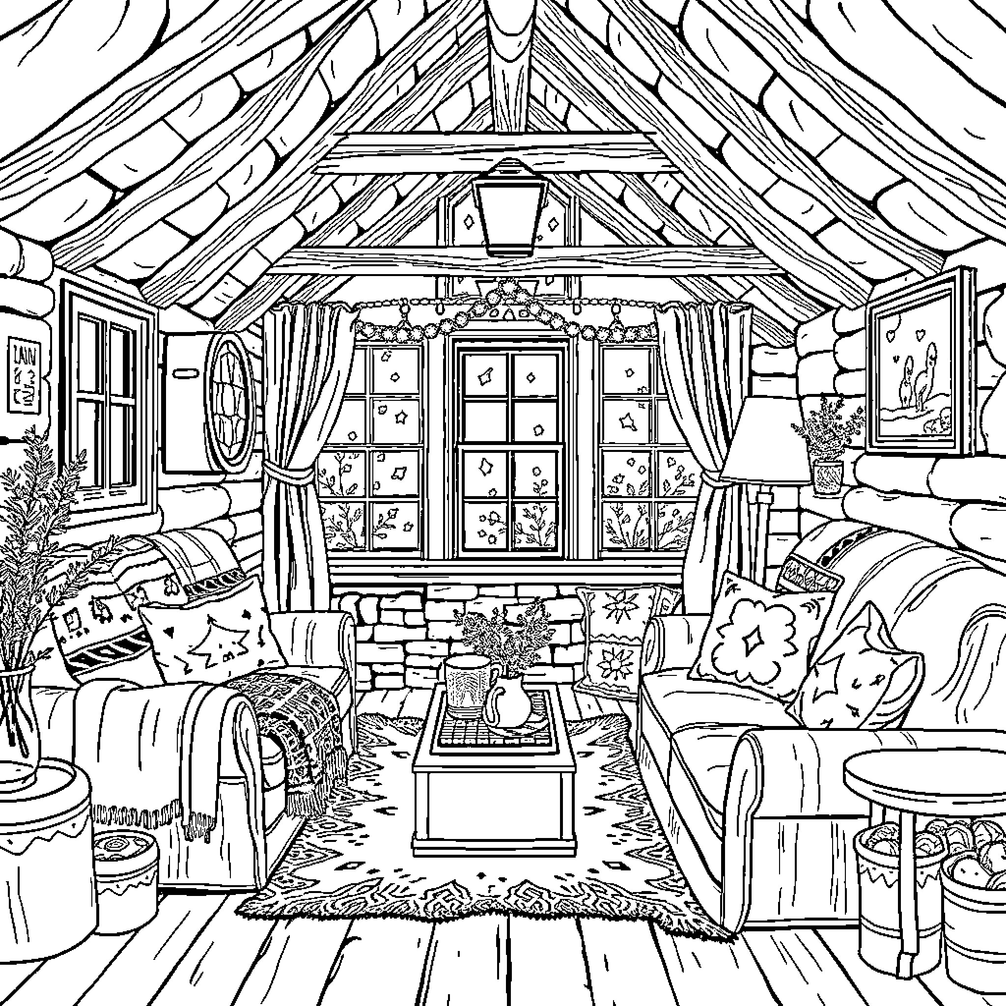 Cottage with Cozy Interior Design and Furnishings Coloring Page (free black-and-white line drawing printable PDF for all, from beginners to advanced learners, including children, teens, adults, and seniors)