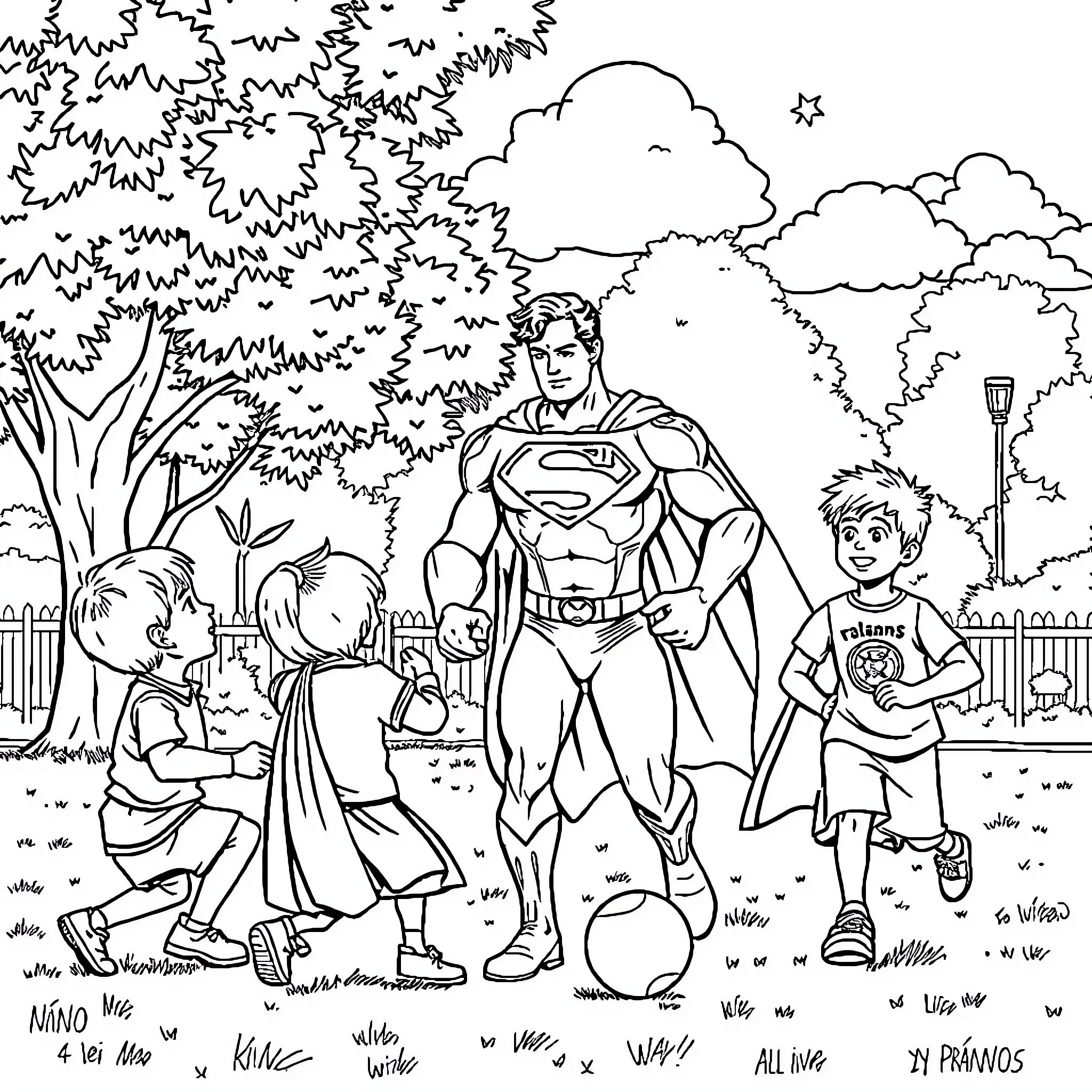 Superman helping children in the park Coloring Page (free black-and-white line drawing printable PDF for all, from beginners to advanced learners, including children, teens, adults, and seniors)