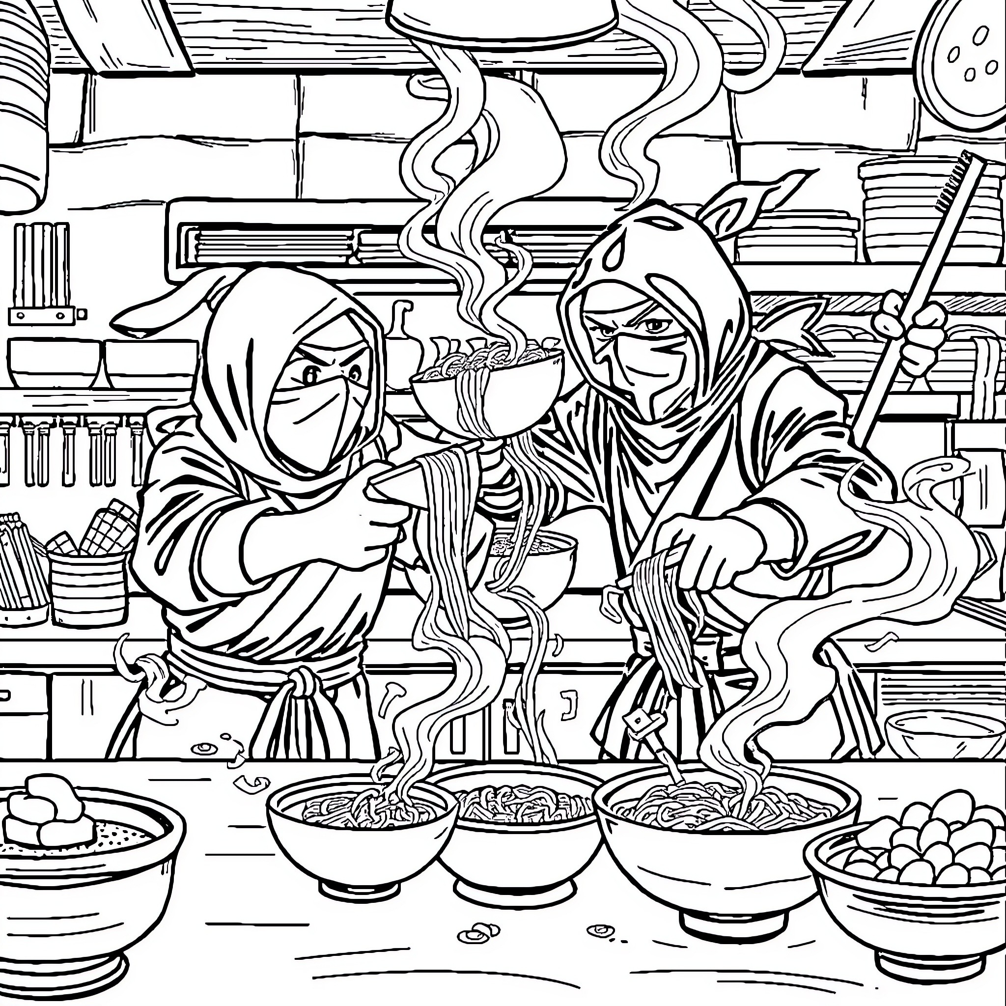 Ninja preparing delicious meals in kitchen Coloring Page (free black-and-white line drawing printable PDF for all, from beginners to advanced learners, including children, teens, adults, and seniors)