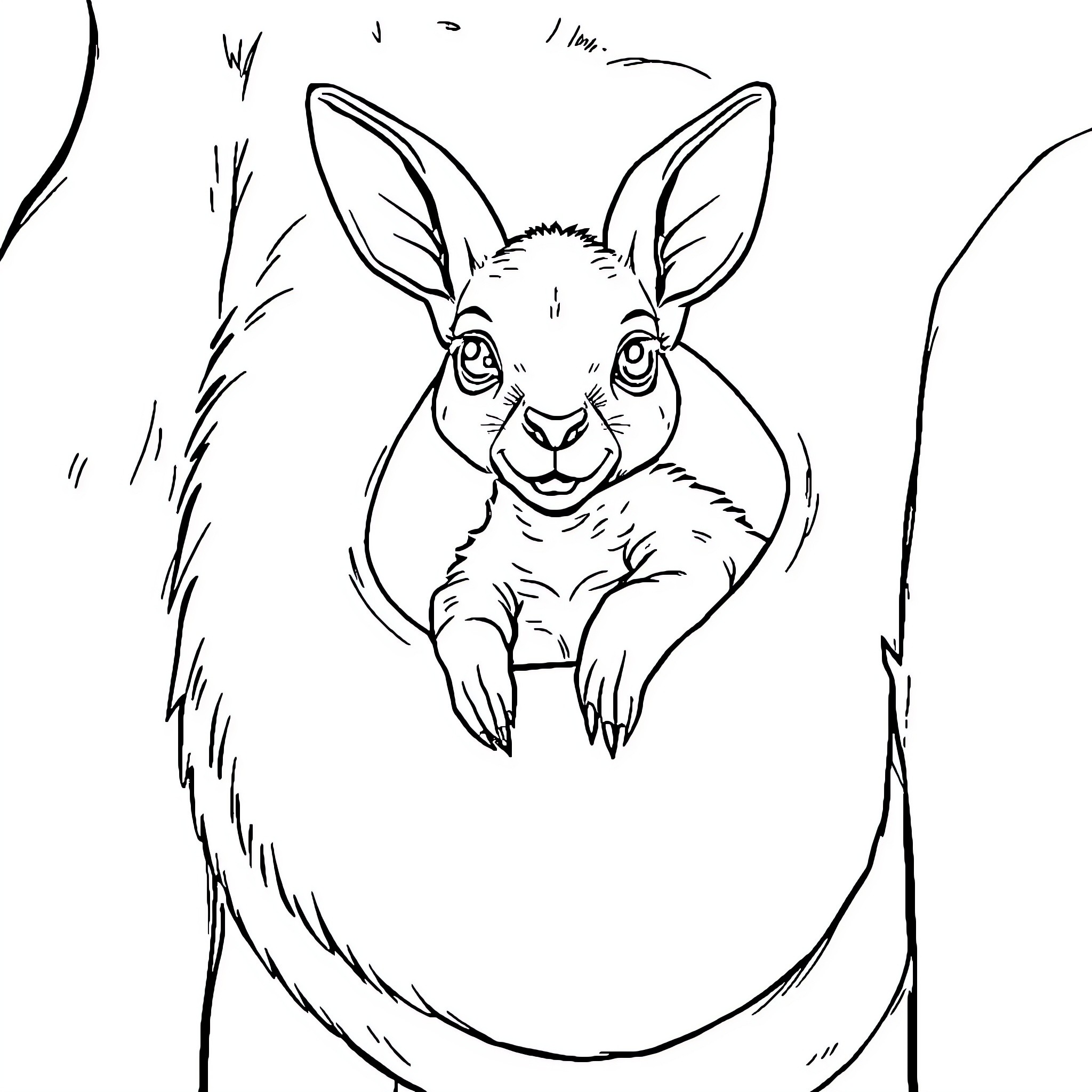 Baby Kangaroo peeking out from a pouch Coloring Page (free black-and-white line drawing printable PDF for all, from beginners to advanced learners, including children, teens, adults, and seniors)