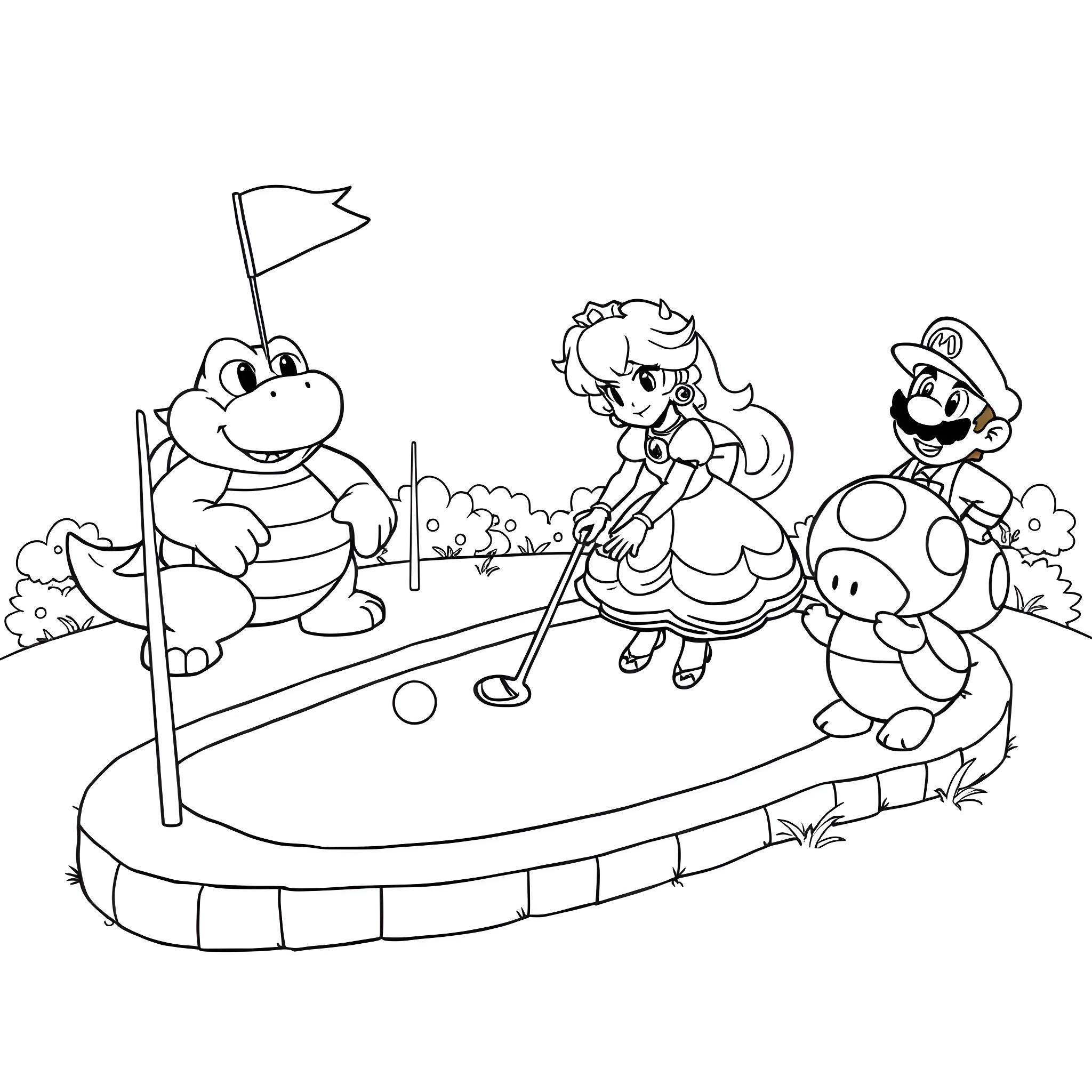 Princess and Friends Golfing Excursion Coloring Page (free black-and-white line drawing printable PDF for all, from beginners to advanced learners, including children, teens, adults, and seniors)