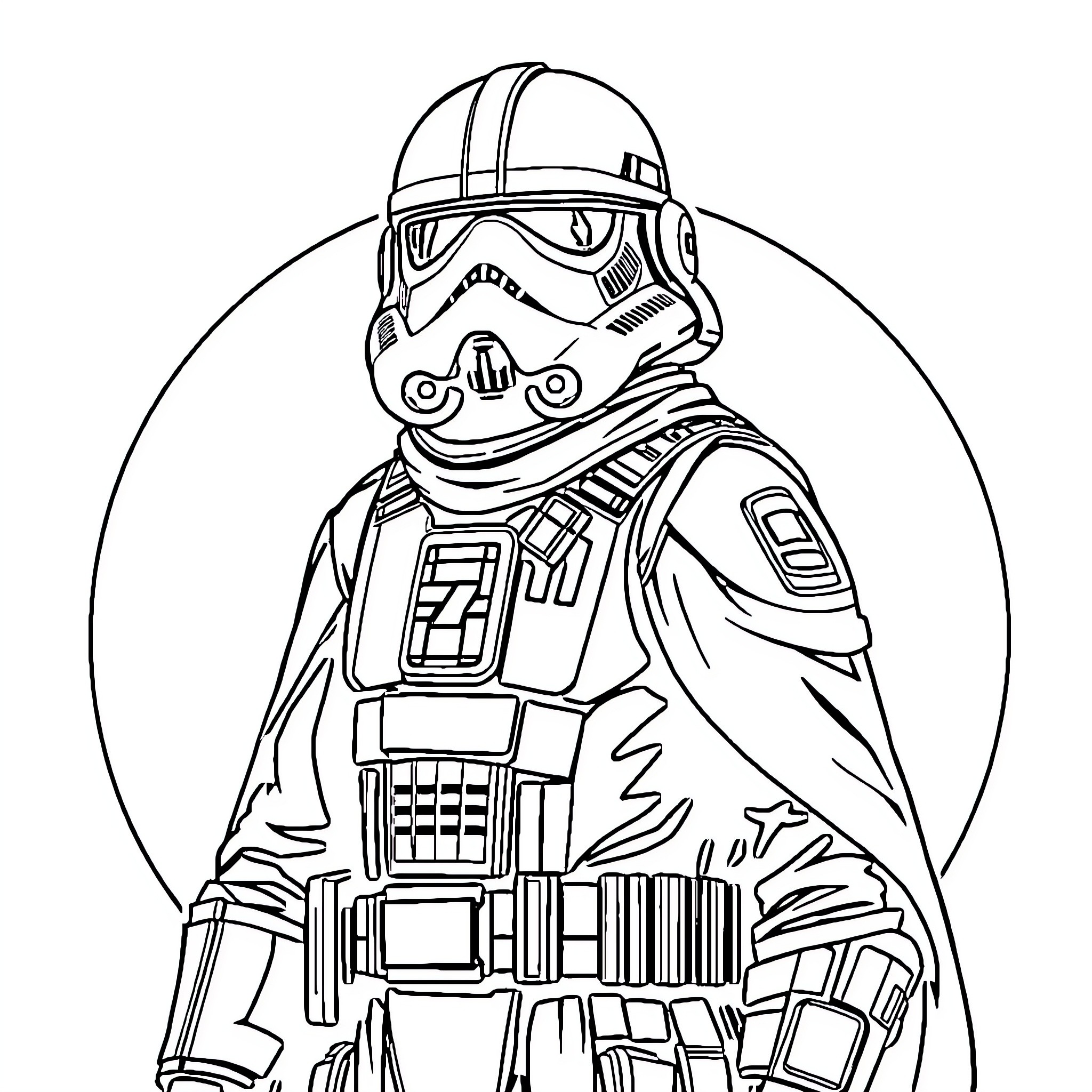 Star Wars Character in Battle Gear Coloring Page (free black-and-white line drawing printable PDF for all, from beginners to advanced learners, including children, teens, adults, and seniors)