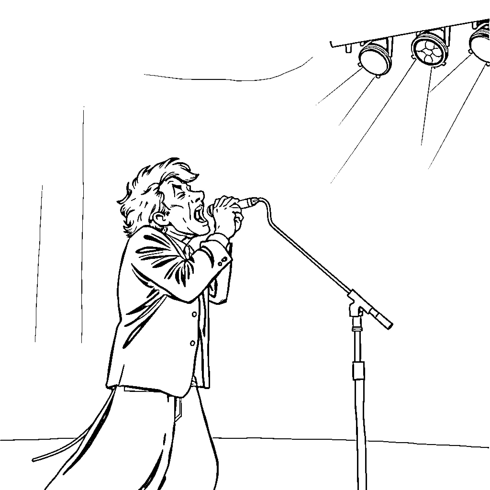Rod Wave performing on stage with microphone Coloring Page (free black-and-white line drawing printable PDF for all, from beginners to advanced learners, including children, teens, adults, and seniors)