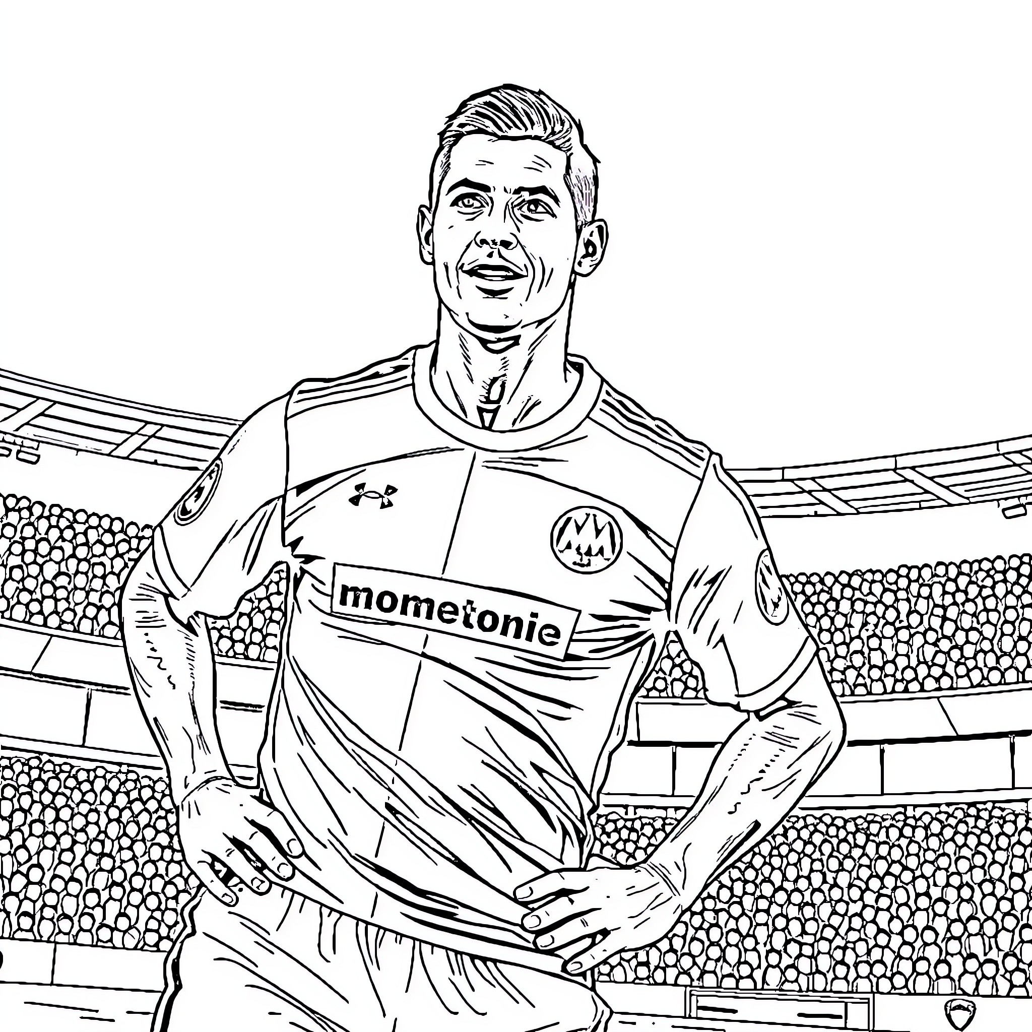Ronaldo in a soccer stadium, standing confidently Coloring Page (free black-and-white line drawing printable PDF for all, from beginners to advanced learners, including children, teens, adults, and seniors)