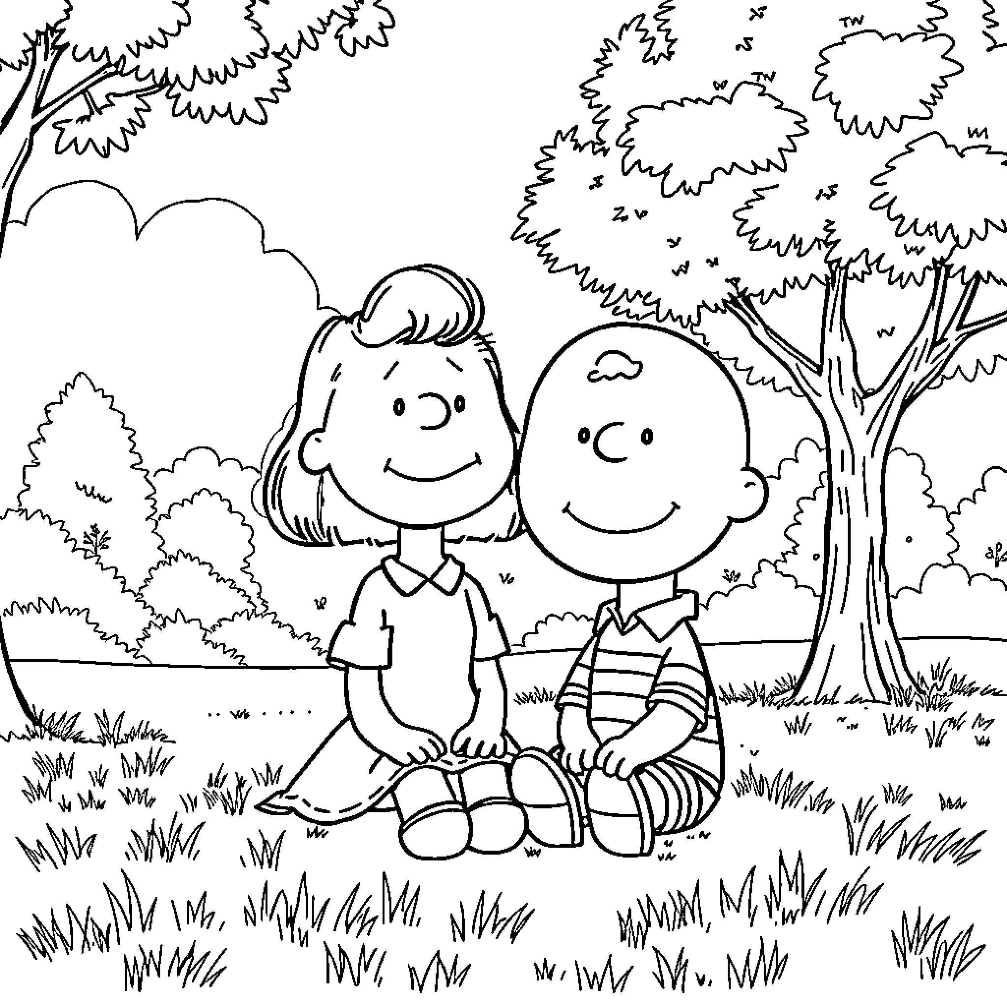 Lucy and Charlie in the Park Coloring Page (free black-and-white line drawing printable PDF for all, from beginners to advanced learners, including children, teens, adults, and seniors)