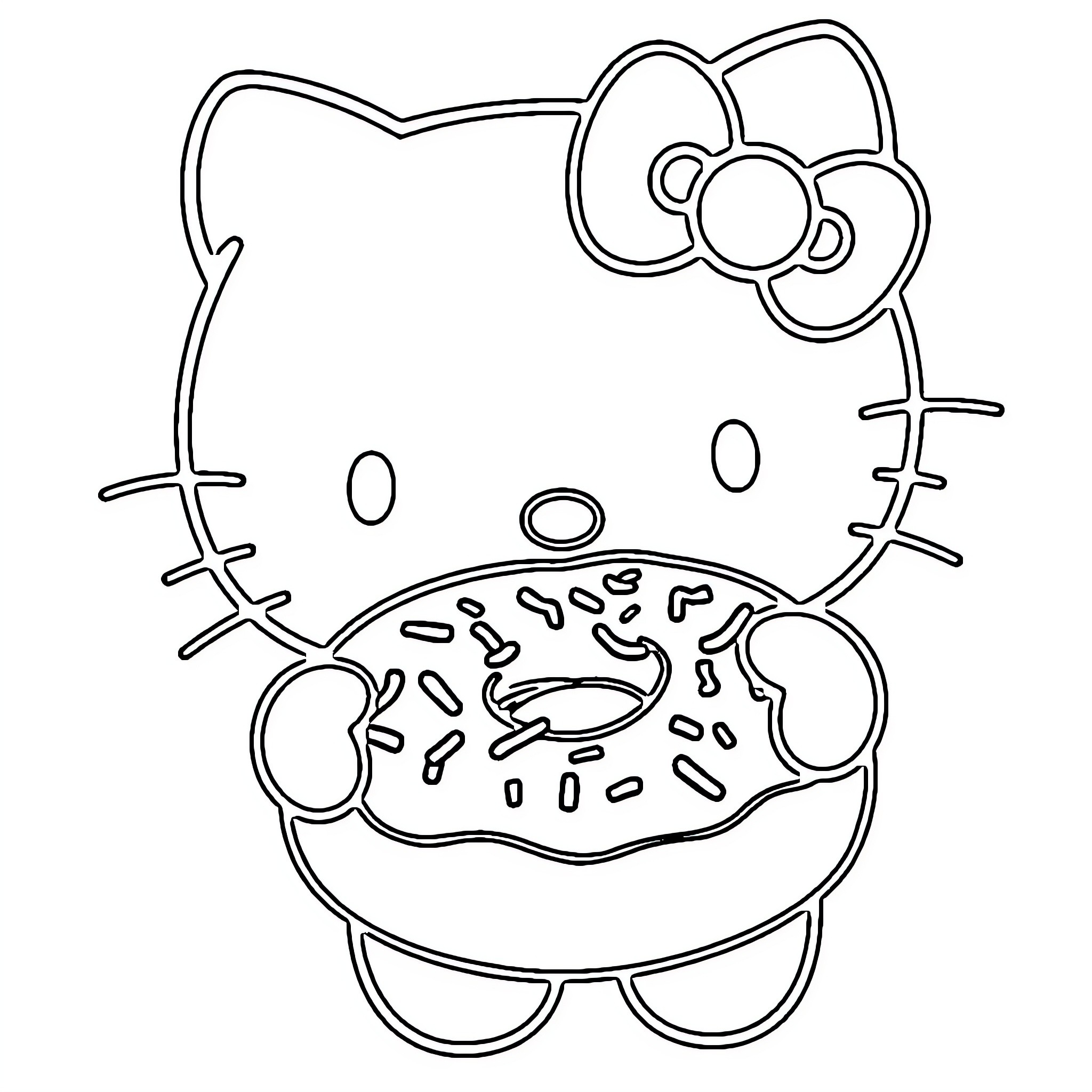 Hello Kitty enjoying a donut Coloring Page (free black-and-white line drawing printable PDF for all, from beginners to advanced learners, including children, teens, adults, and seniors)