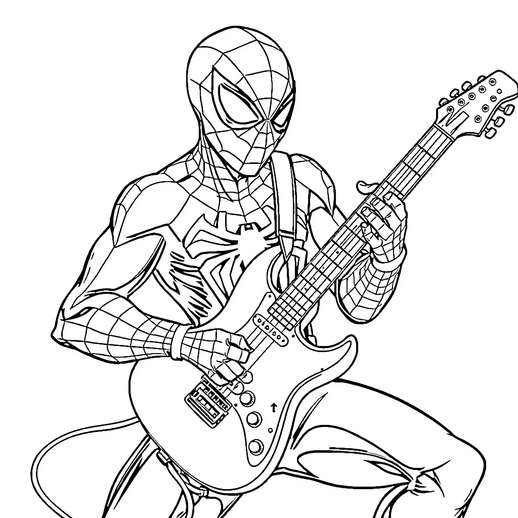 Spiderman playing guitar in action pose Coloring Page (free black-and-white line drawing printable PDF for all, from beginners to advanced learners, including children, teens, adults, and seniors)