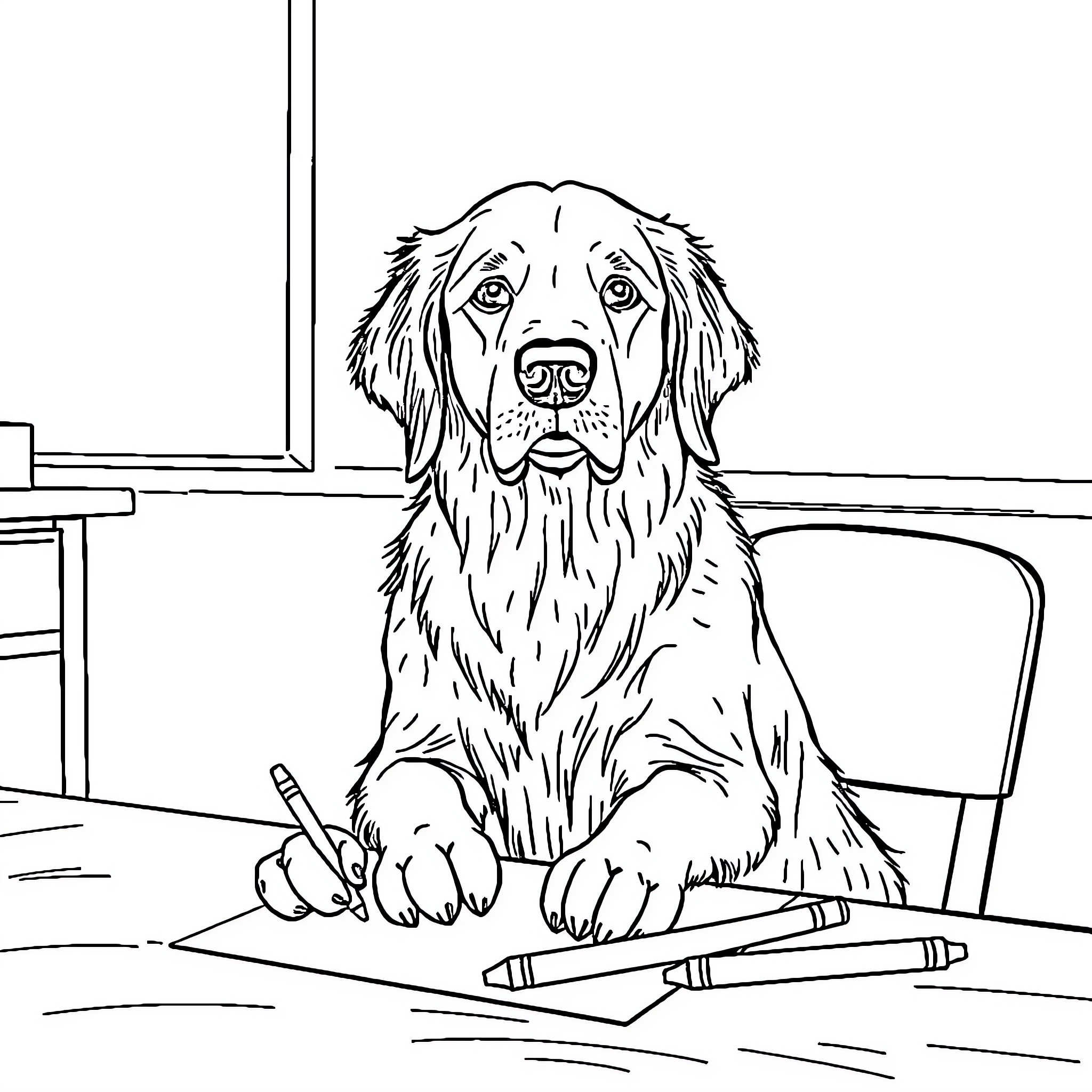 Golden Retriever writing at desk Coloring Page (free black-and-white line drawing printable PDF for all, from beginners to advanced learners, including children, teens, adults, and seniors)