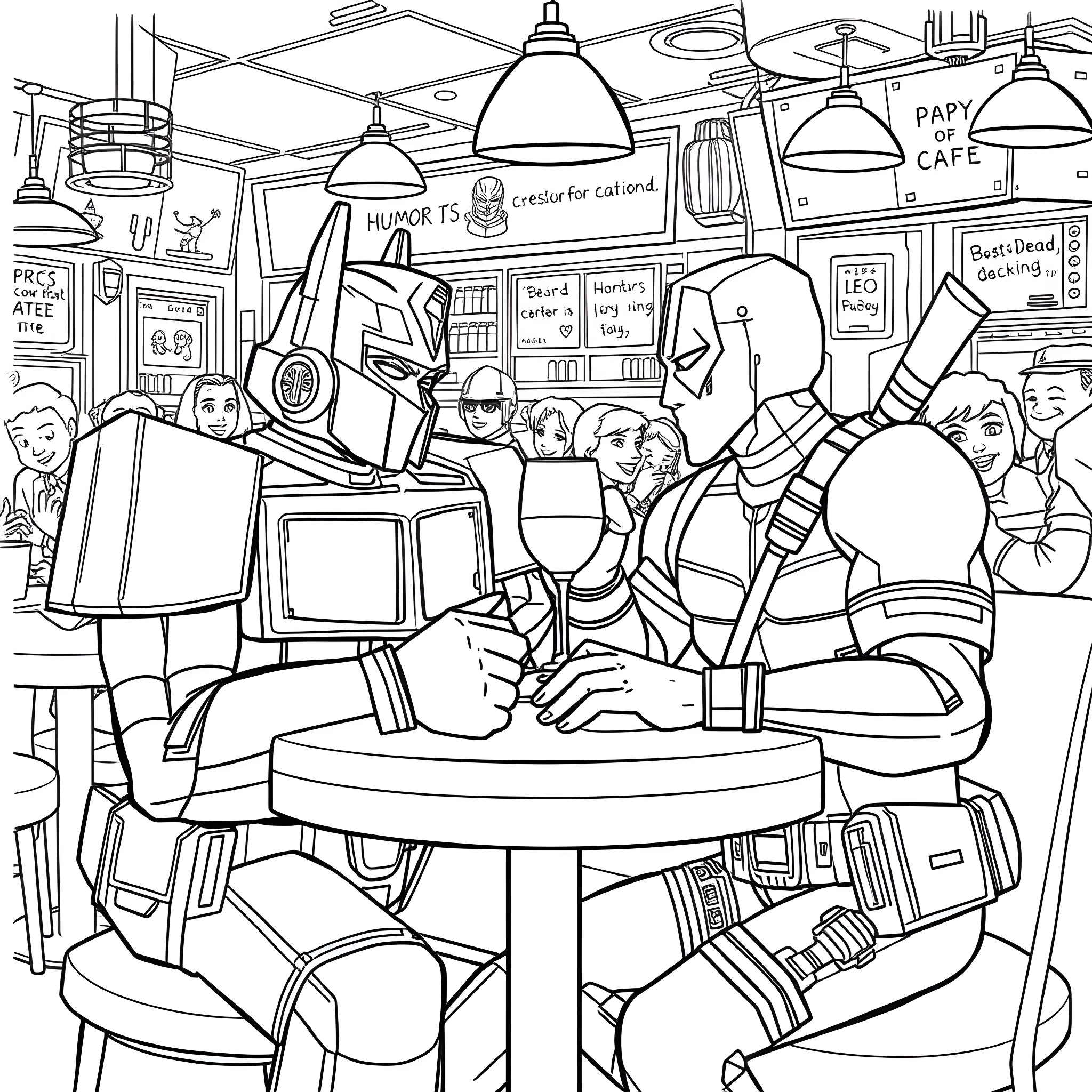 Optimus Prime visits a busy Cafe with Transformers characters Coloring Page (free black-and-white line drawing printable PDF for all, from beginners to advanced learners, including children, teens, adults, and seniors)