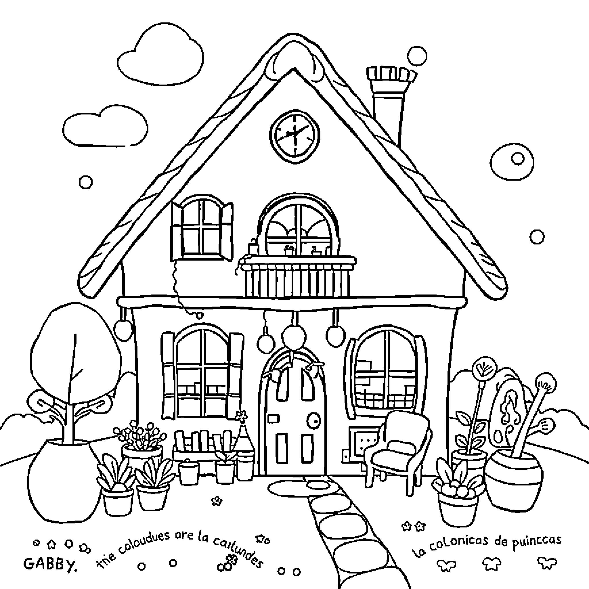 Dollhouse with charming details and whimsical elements Coloring Page (free black-and-white line drawing printable PDF for all, from beginners to advanced learners, including children, teens, adults, and seniors)