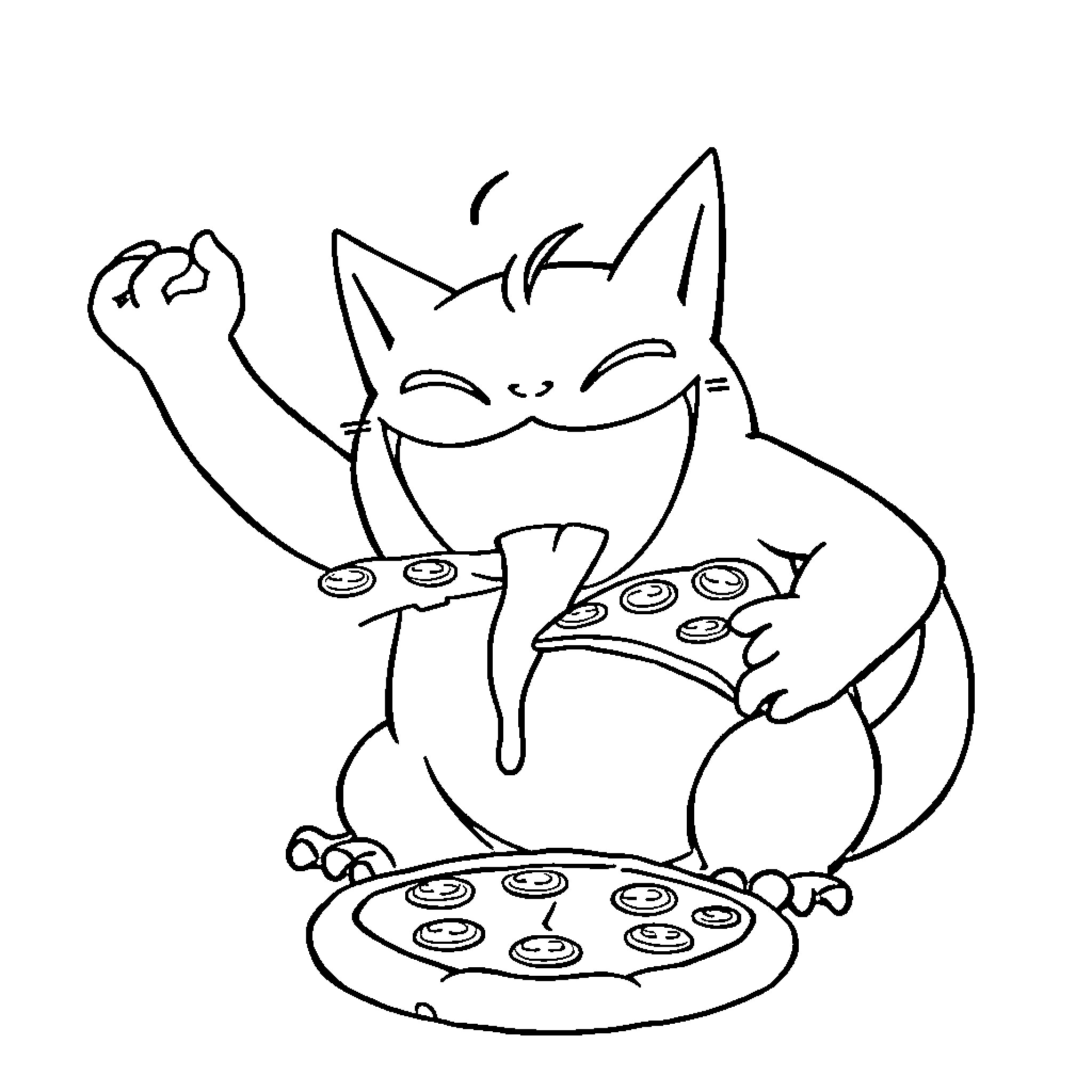 Gengar enjoying pizza with enthusiasm Coloring Page (free black-and-white line drawing printable PDF for all, from beginners to advanced learners, including children, teens, adults, and seniors)