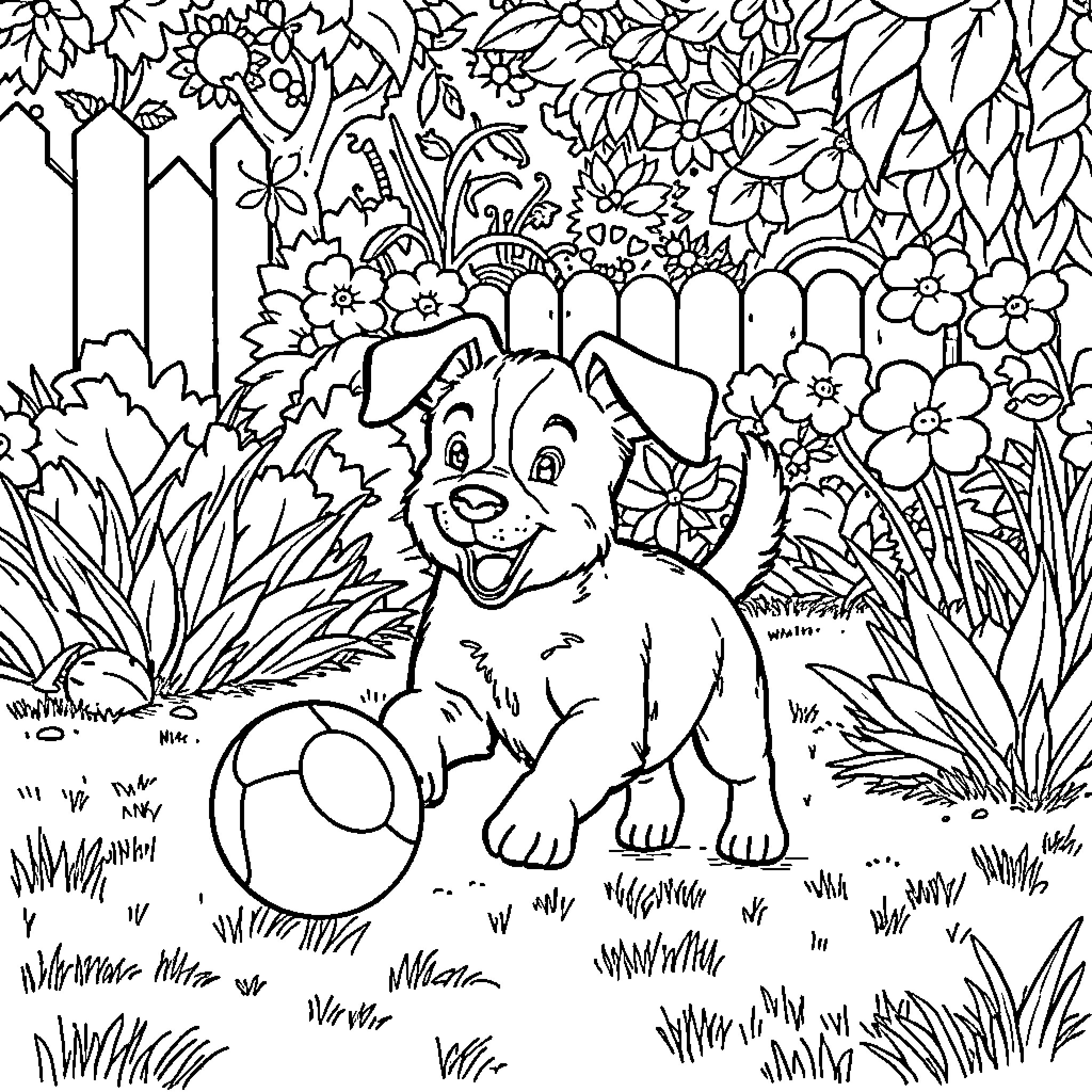 Dog Exploring the Vibrant Garden Coloring Page (free black-and-white line drawing printable PDF for all, from beginners to advanced learners, including children, teens, adults, and seniors)