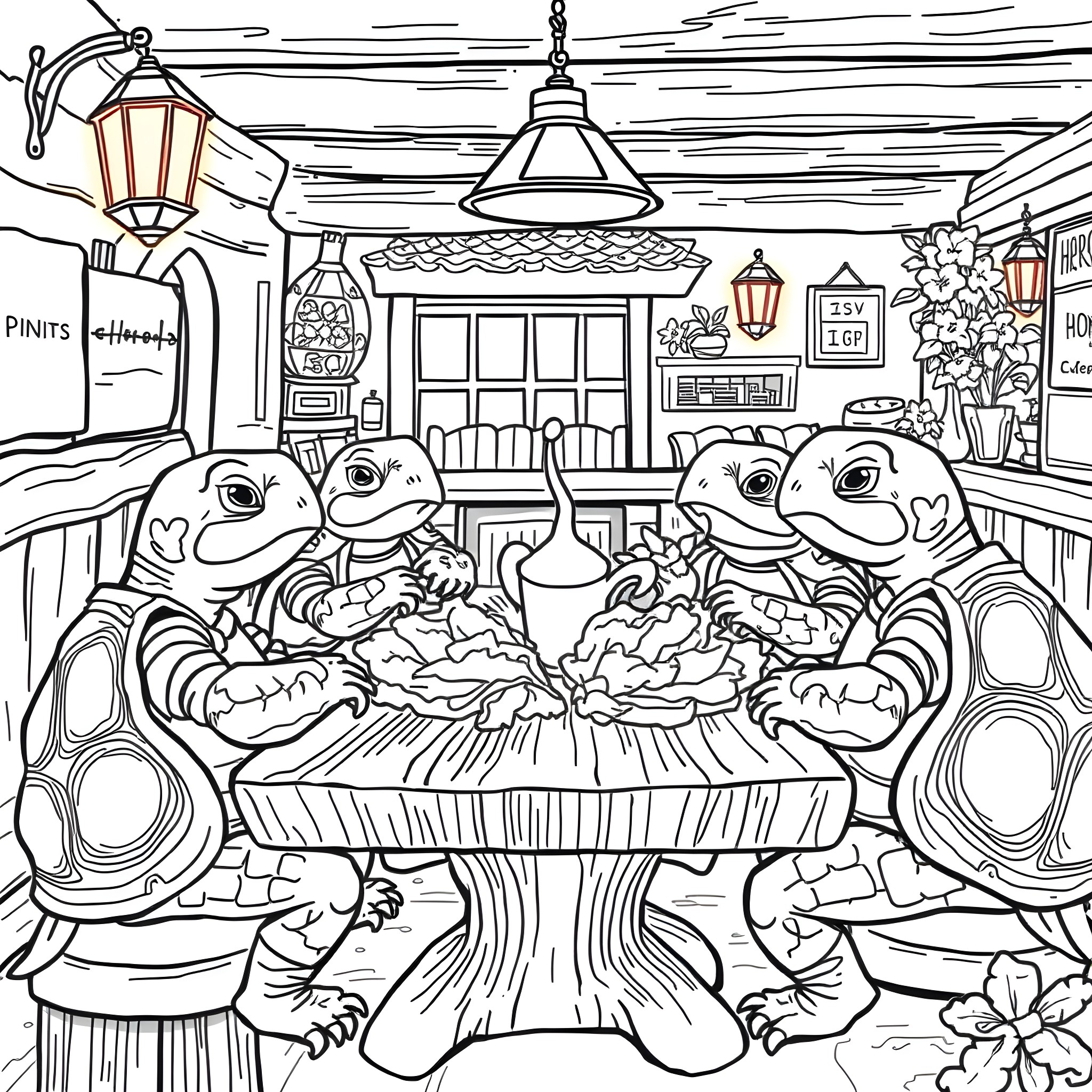 Turtle friends enjoying a cozy tavern scene Coloring Page (free black-and-white line drawing printable PDF for all, from beginners to advanced learners, including children, teens, adults, and seniors)