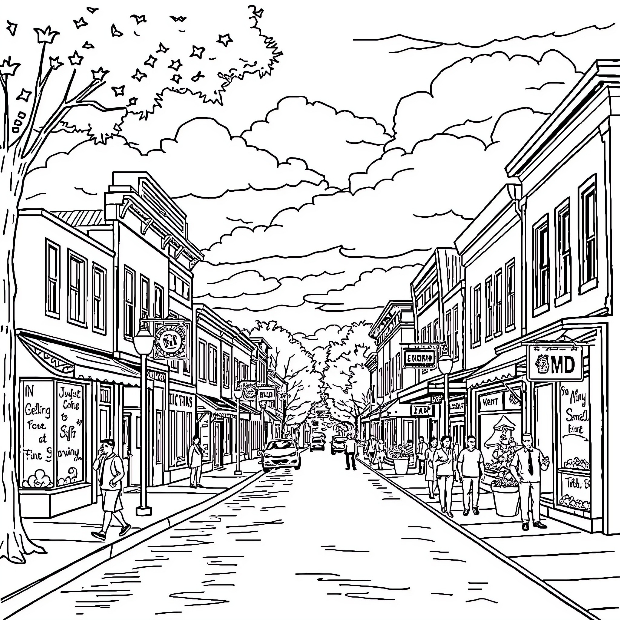 Richmond Cityscape with Bustling Street Scene Coloring Page (free black-and-white line drawing printable PDF for all, from beginners to advanced learners, including children, teens, adults, and seniors)