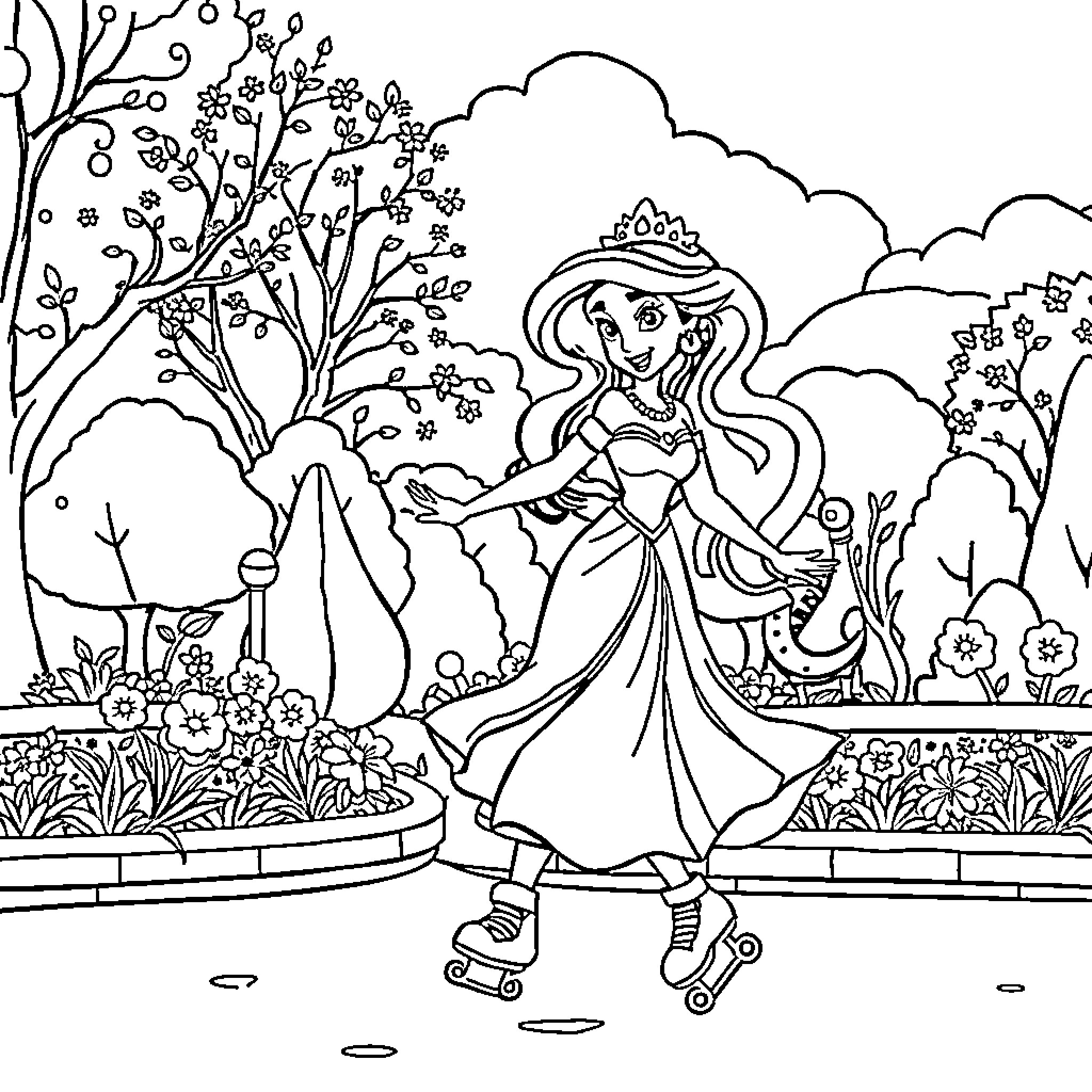 Princess in Elegant Dress Rollerblading in Enchanted Garden Coloring Page (free black-and-white line drawing printable PDF for all, from beginners to advanced learners, including children, teens, adults, and seniors)
