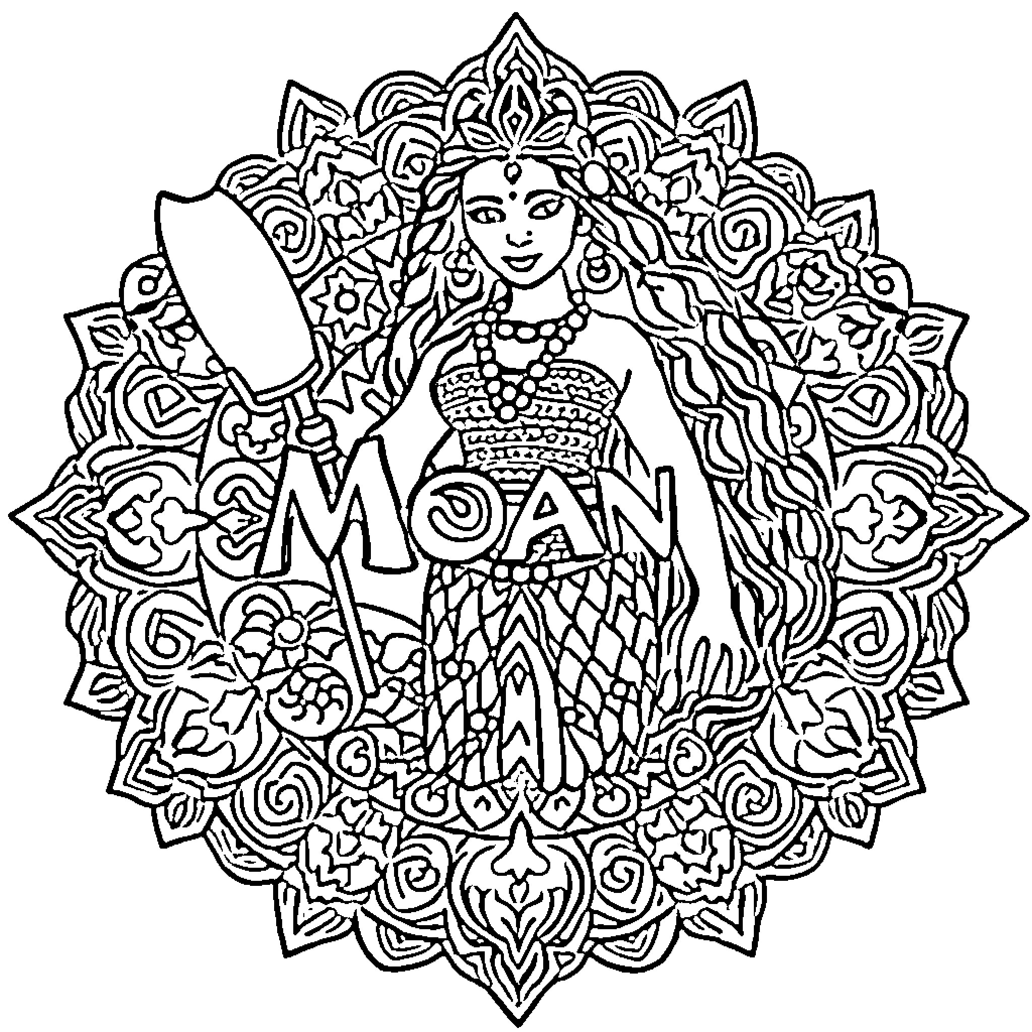 Moana in a decorative floral frame Coloring Page (free black-and-white line drawing printable PDF for all, from beginners to advanced learners, including children, teens, adults, and seniors)