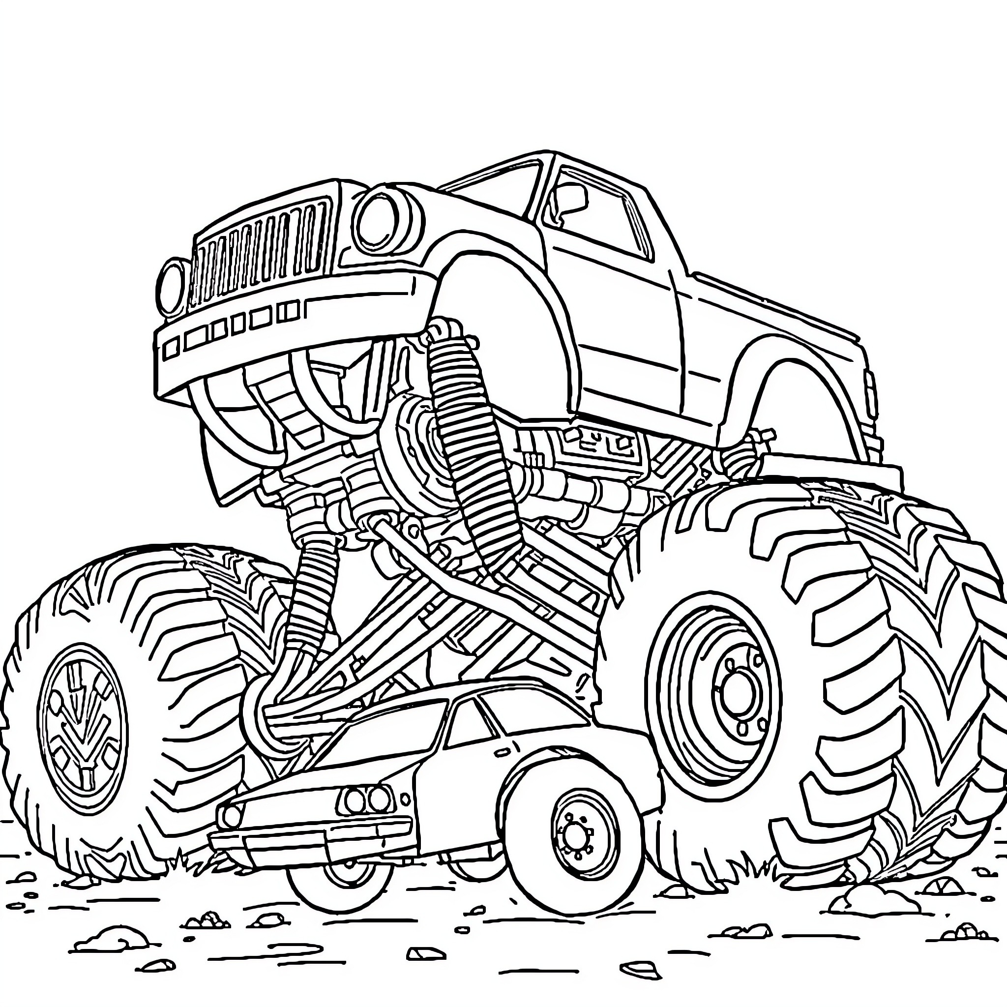 Monster Truck Jumping Over Obstacles in Action Coloring Page (free black-and-white line drawing printable PDF for all, from beginners to advanced learners, including children, teens, adults, and seniors)