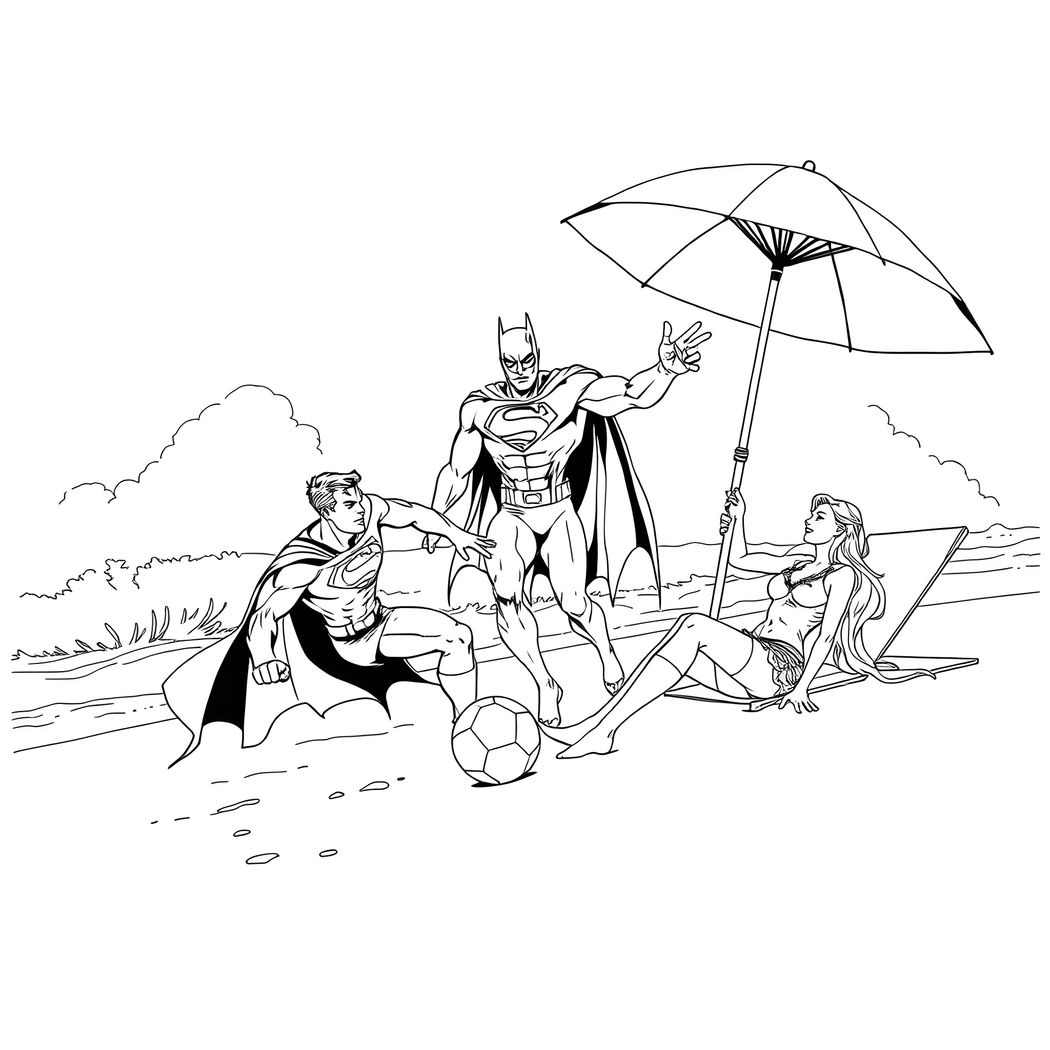 Superman Enjoying a Summer Day with Friends Coloring Page (free black-and-white line drawing printable PDF for all, from beginners to advanced learners, including children, teens, adults, and seniors)