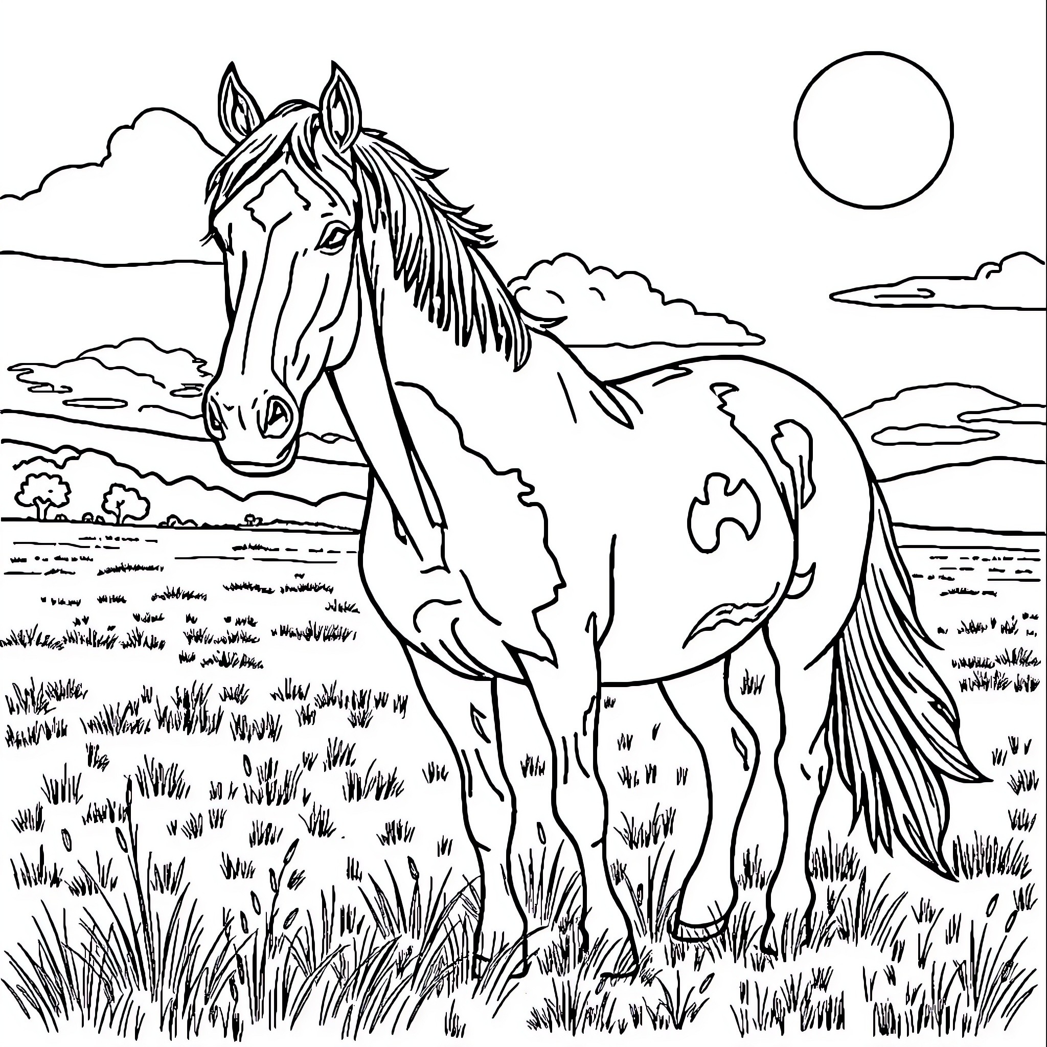 Horse standing in the field under the moon Coloring Page (free black-and-white line drawing printable PDF for all, from beginners to advanced learners, including children, teens, adults, and seniors)