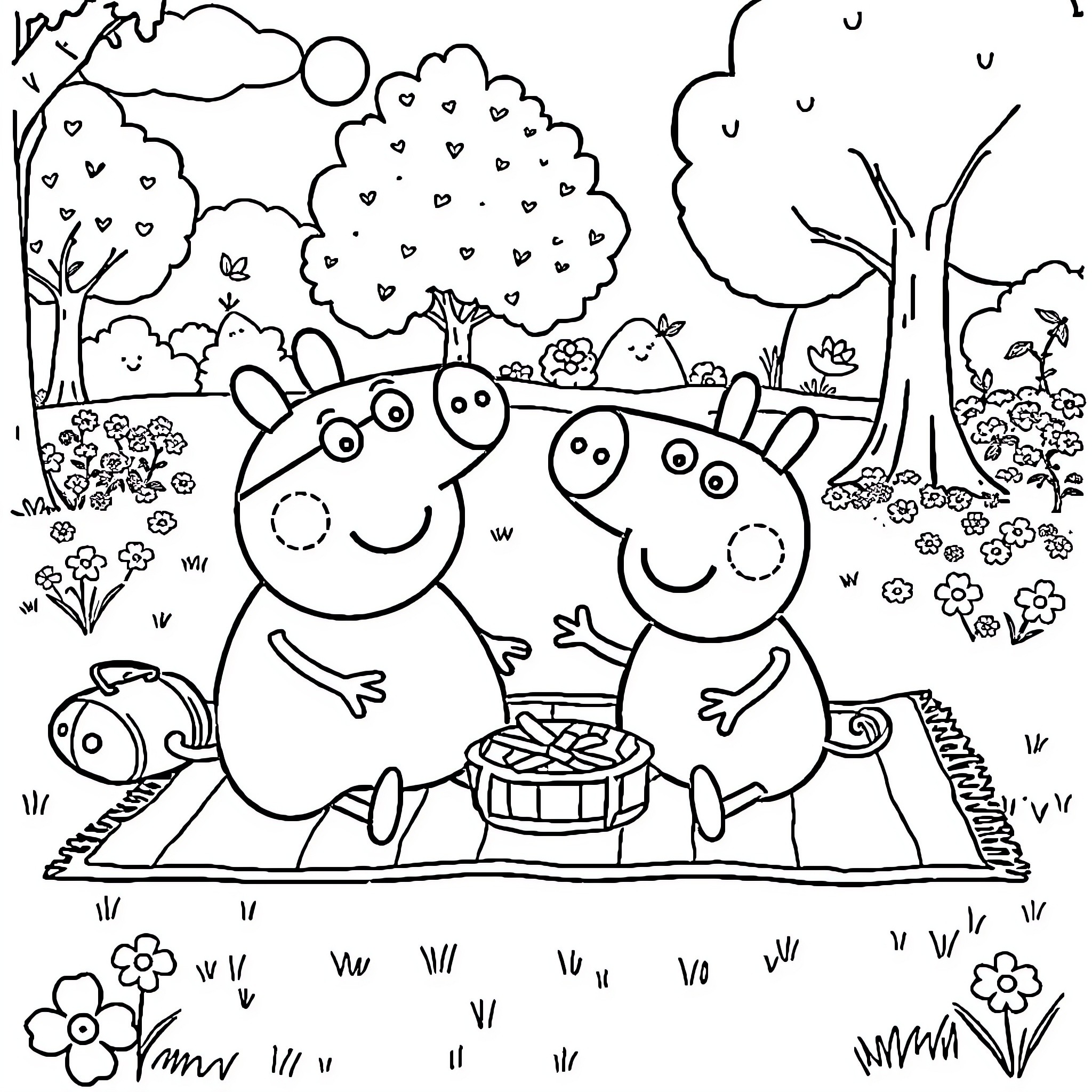 Peppa Pig and Friends Enjoying a Picnic Outdoors Coloring Page (free black-and-white line drawing printable PDF for all, from beginners to advanced learners, including children, teens, adults, and seniors)