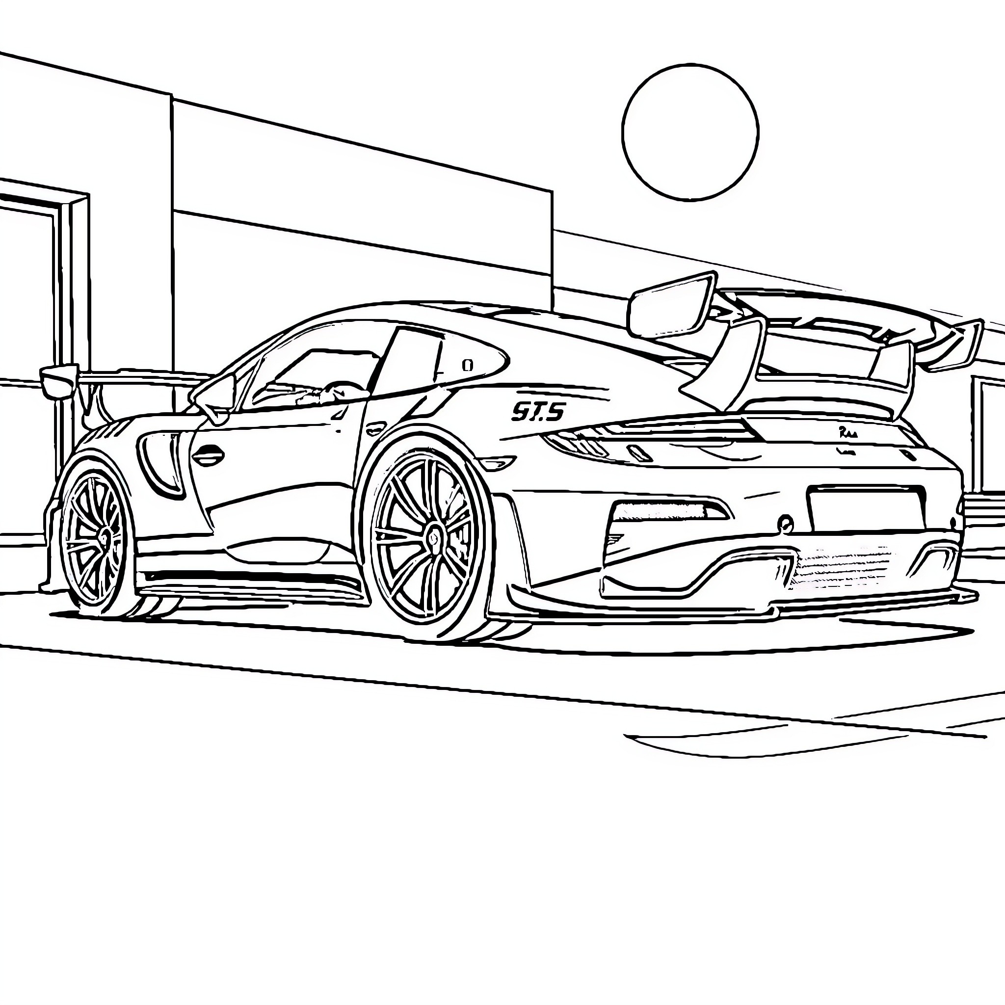 Porsche GT3 racing in garage scene Coloring Page (free black-and-white line drawing printable PDF for all, from beginners to advanced learners, including children, teens, adults, and seniors)