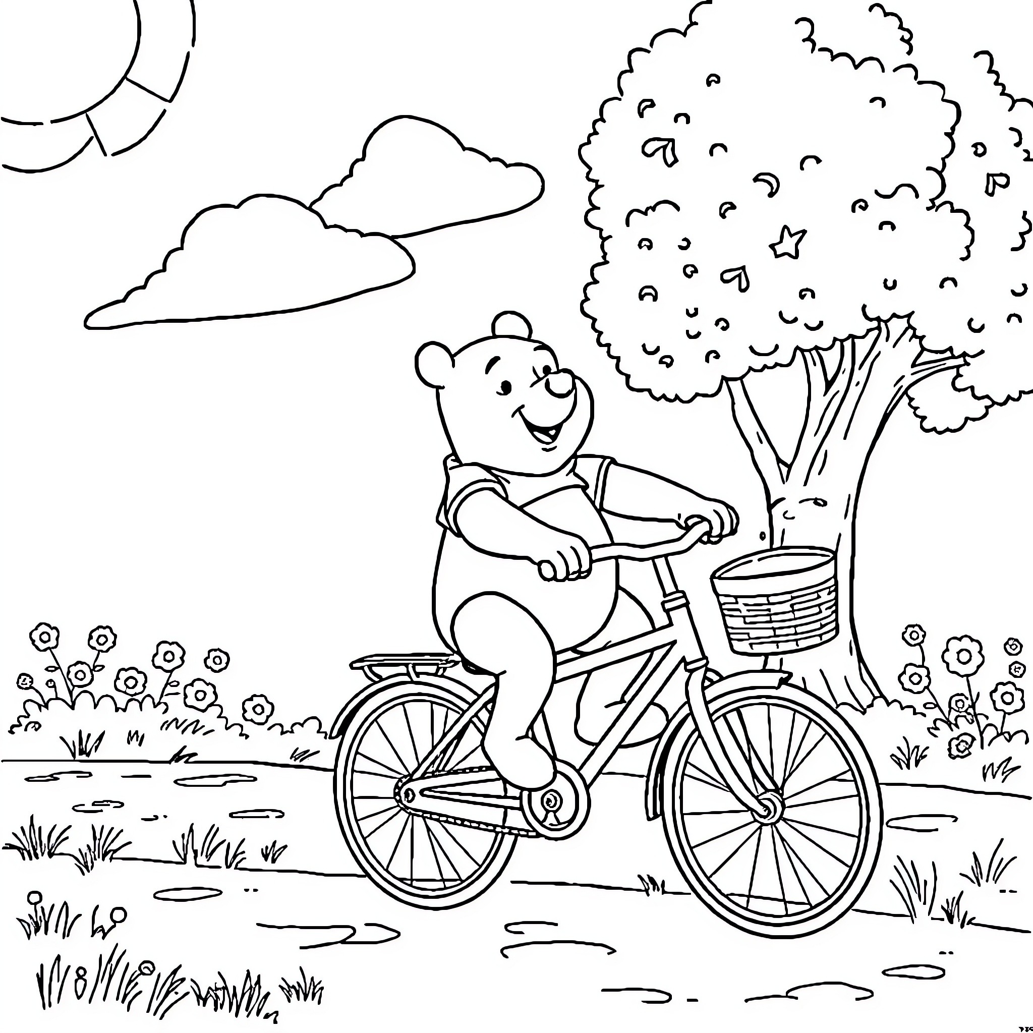Winnie The Pooh's Joyful Bicycle Ride Coloring Page (free black-and-white line drawing printable PDF for all, from beginners to advanced learners, including children, teens, adults, and seniors)