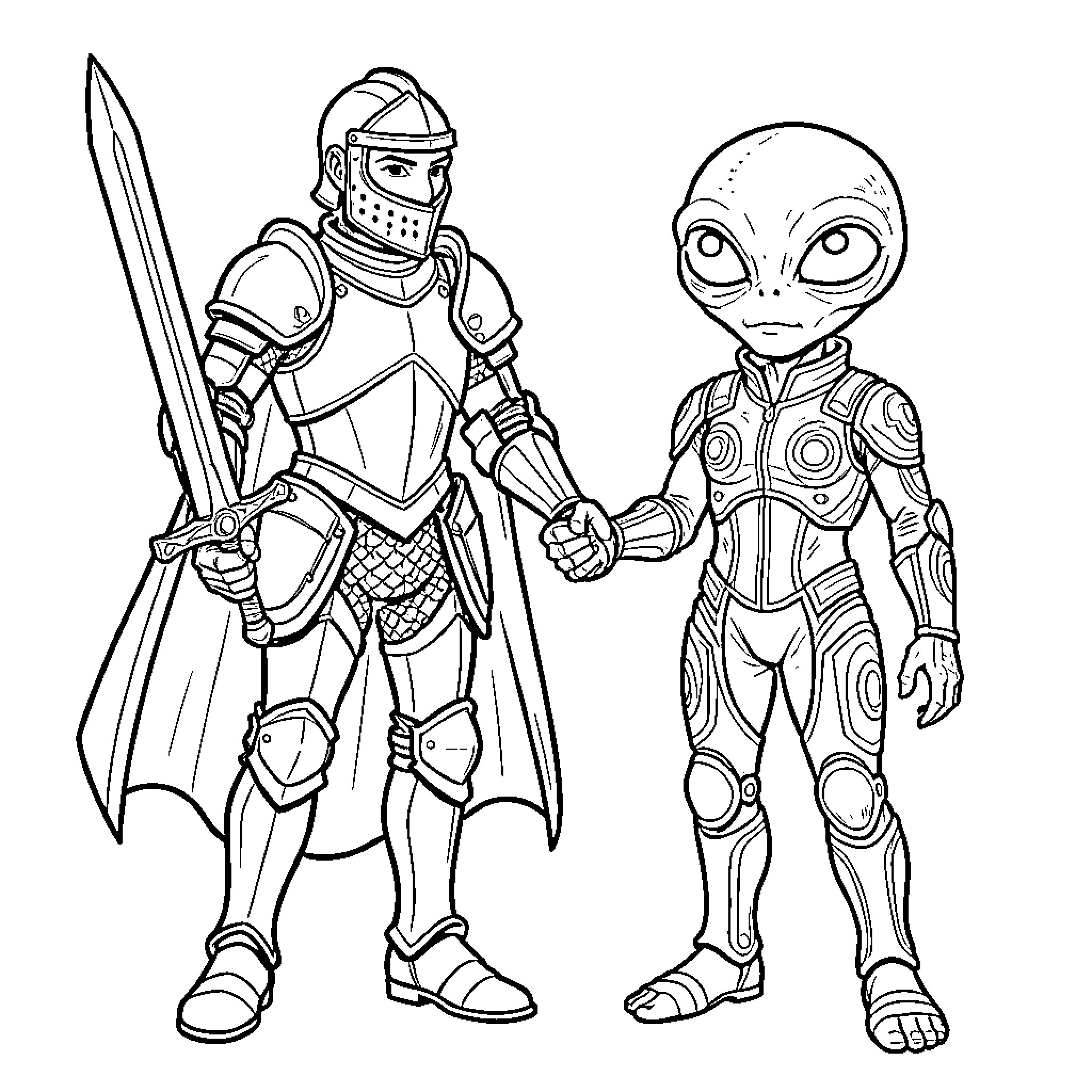 Knight in armor shaking hands with an alien Coloring Page (free black-and-white line drawing printable PDF for all, from beginners to advanced learners, including children, teens, adults, and seniors)