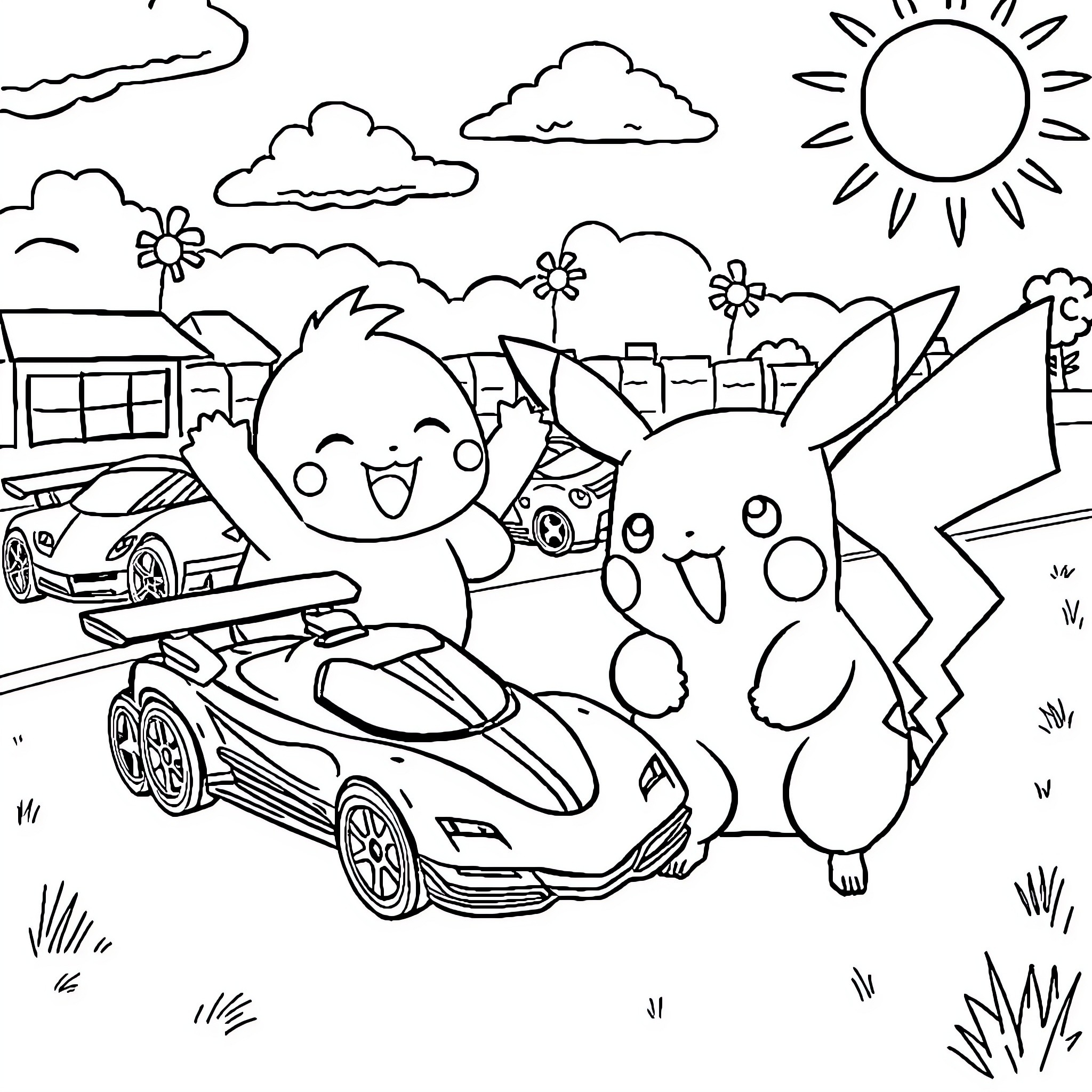 Pikachu and friends in a cheerful outdoor scene Coloring Page (free black-and-white line drawing printable PDF for all, from beginners to advanced learners, including children, teens, adults, and seniors)