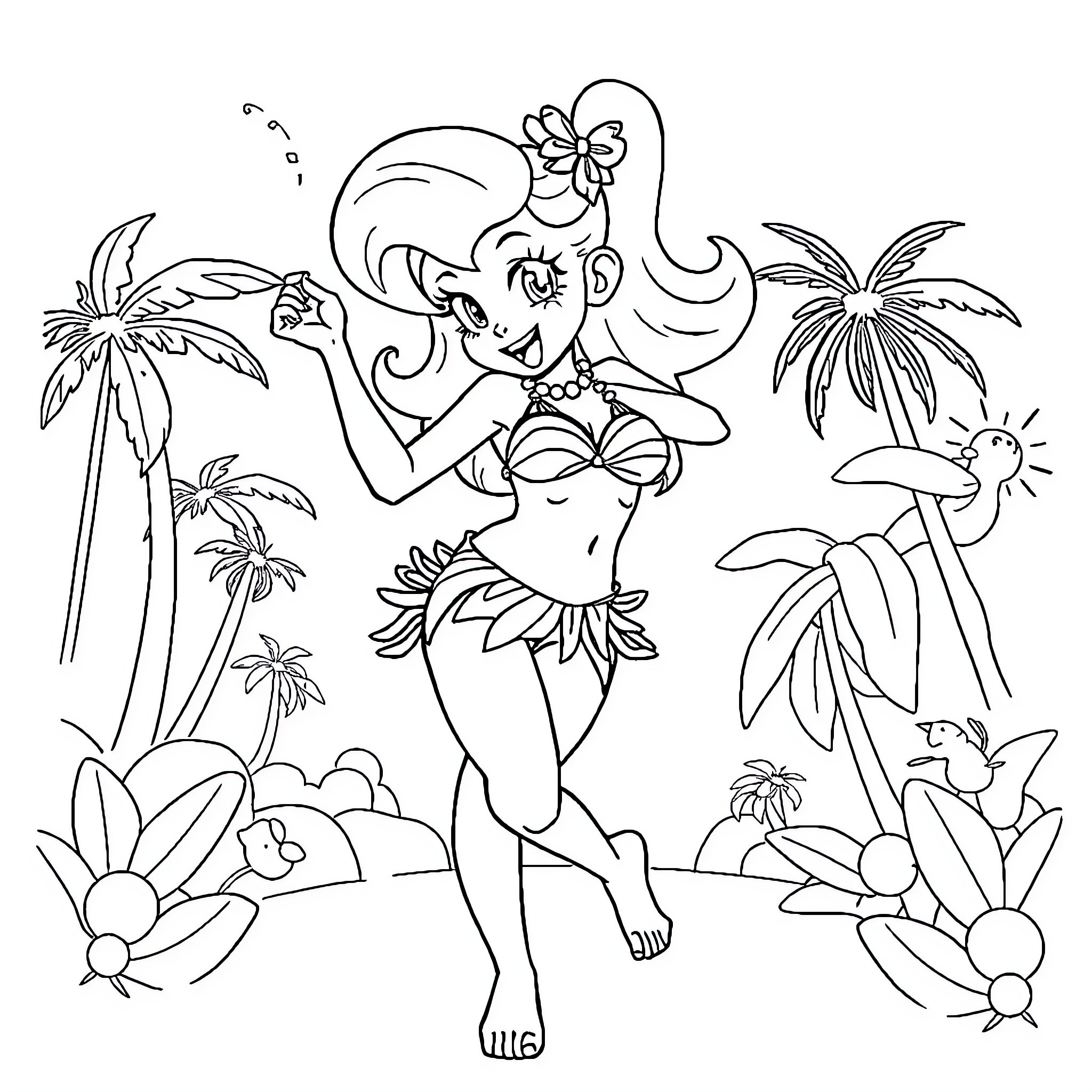 Bulma's tropical adventure with flowers and palms Coloring Page (free black-and-white line drawing printable PDF for all, from beginners to advanced learners, including children, teens, adults, and seniors)