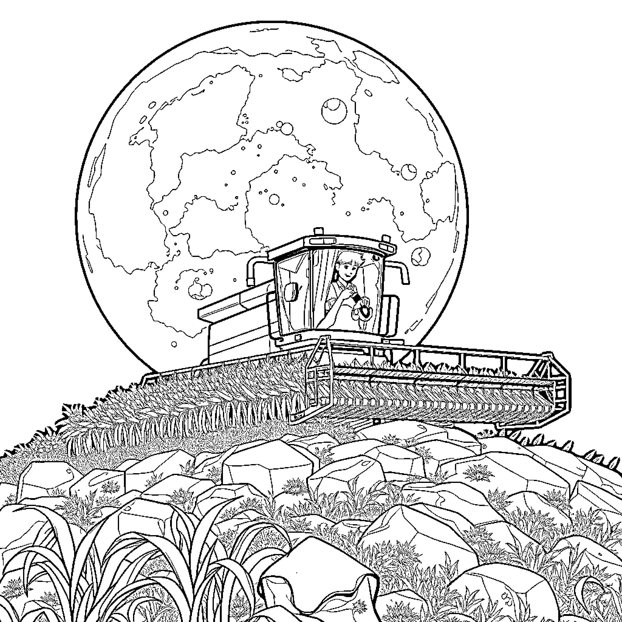 Corn farmer working on tractor in moonlit field Coloring Page (free black-and-white line drawing printable PDF for all, from beginners to advanced learners, including children, teens, adults, and seniors)