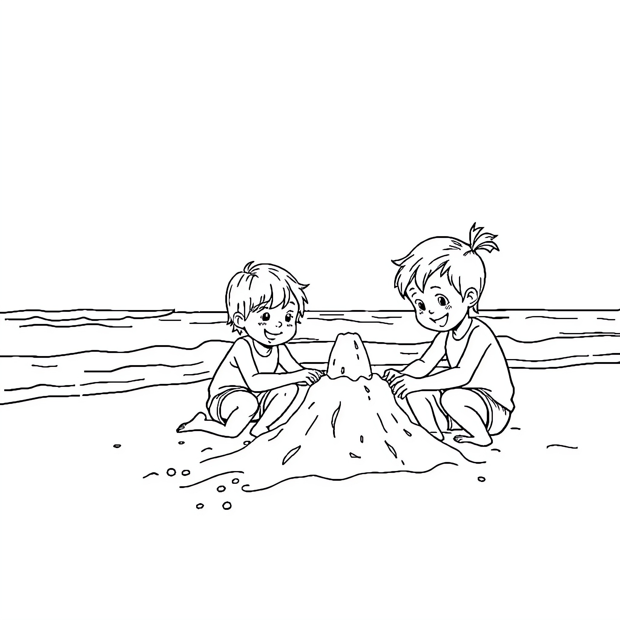 Kids playing joyfully in the sand Coloring Page (free black-and-white line drawing printable PDF for all, from beginners to advanced learners, including children, teens, adults, and seniors)