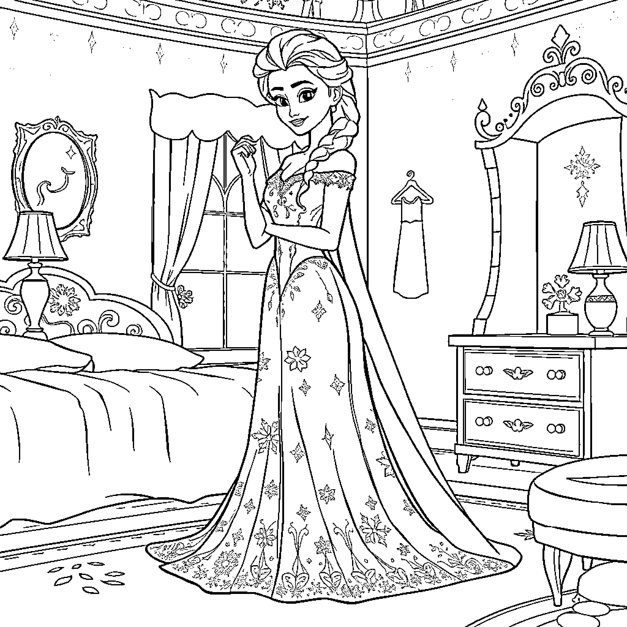 Elsa in her royal bedroom Coloring Page (free black-and-white line drawing printable PDF for all, from beginners to advanced learners, including children, teens, adults, and seniors)