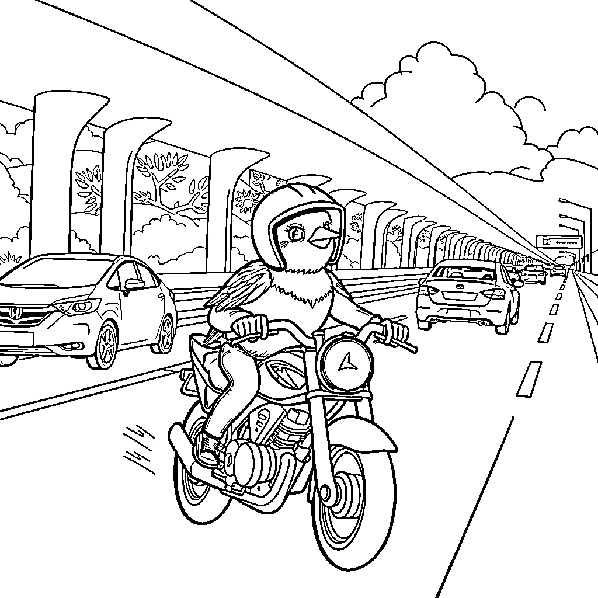Bird riding a motorcycle on the highway Coloring Page (free black-and-white line drawing printable PDF for all, from beginners to advanced learners, including children, teens, adults, and seniors)