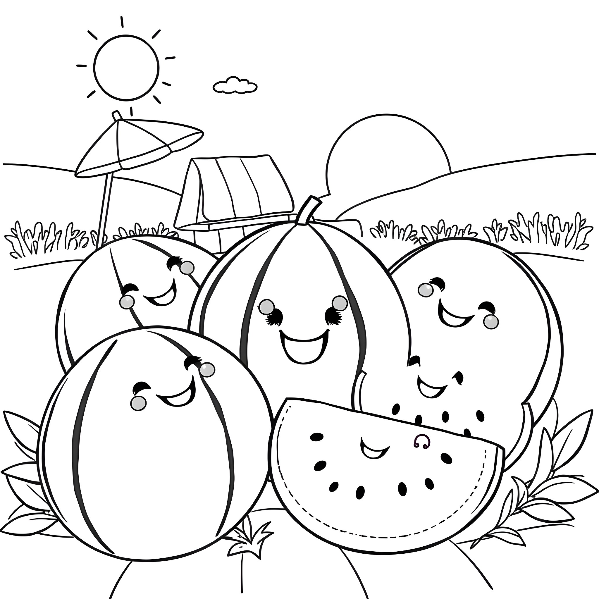 Watermelon friends enjoying the sunny day Coloring Page (free black-and-white line drawing printable PDF for all, from beginners to advanced learners, including children, teens, adults, and seniors)