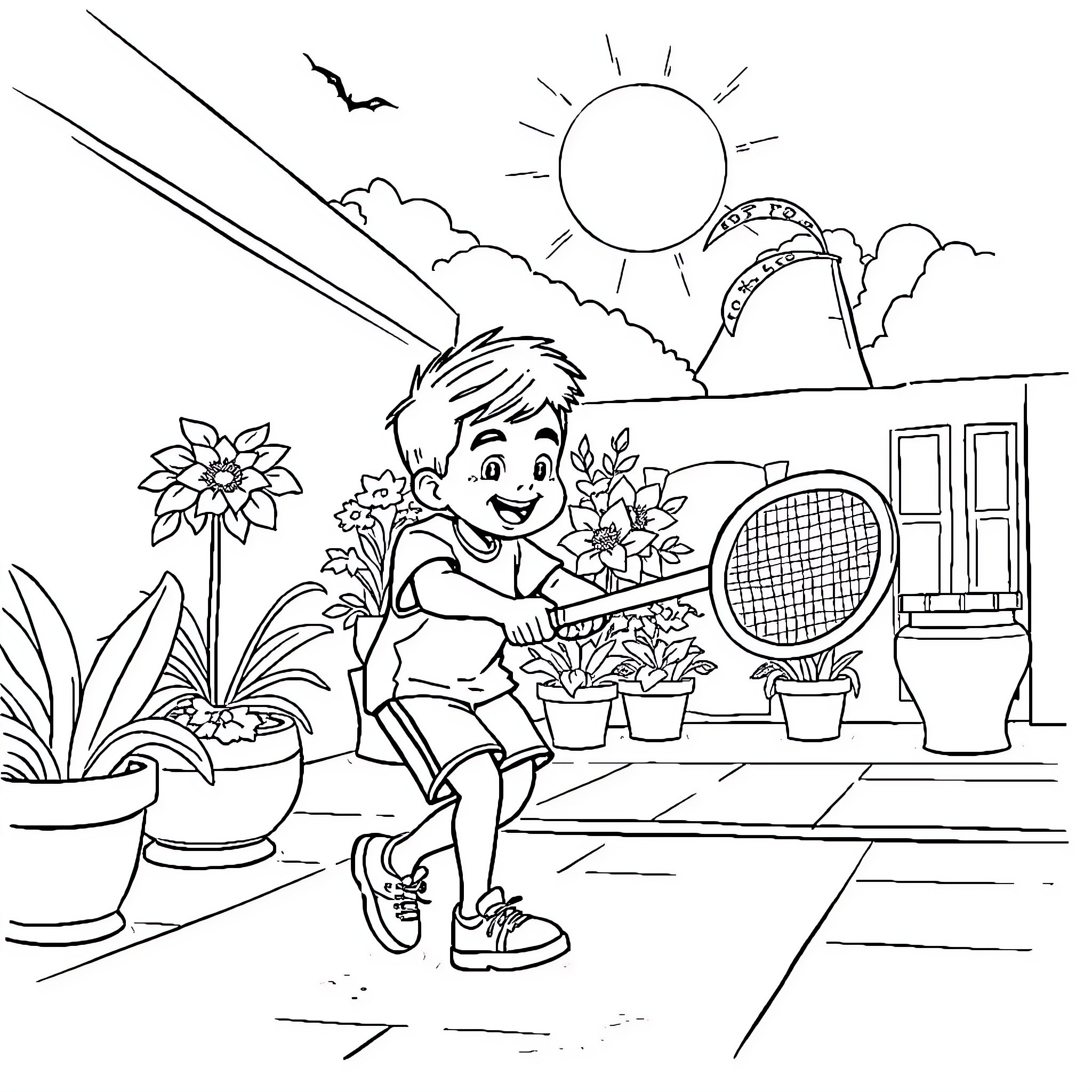 Niño playing with tennis racket in garden Coloring Page (free black-and-white line drawing printable PDF for all, from beginners to advanced learners, including children, teens, adults, and seniors)