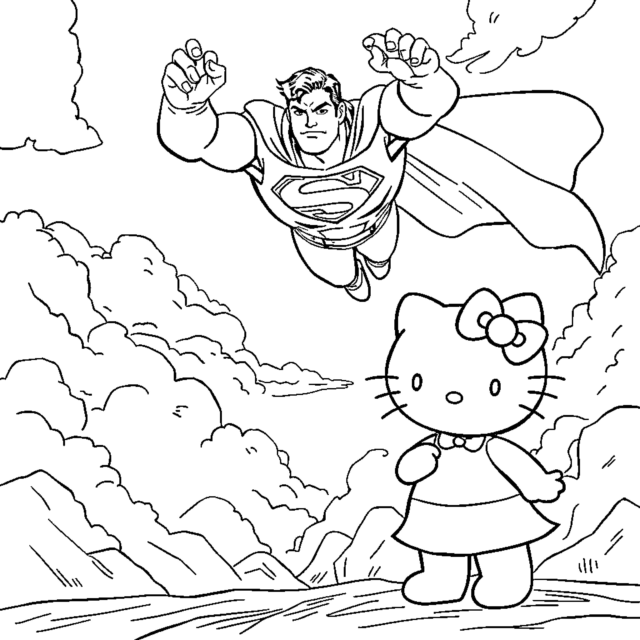 Superman soaring through the sky Coloring Page (free black-and-white line drawing printable PDF for all, from beginners to advanced learners, including children, teens, adults, and seniors)