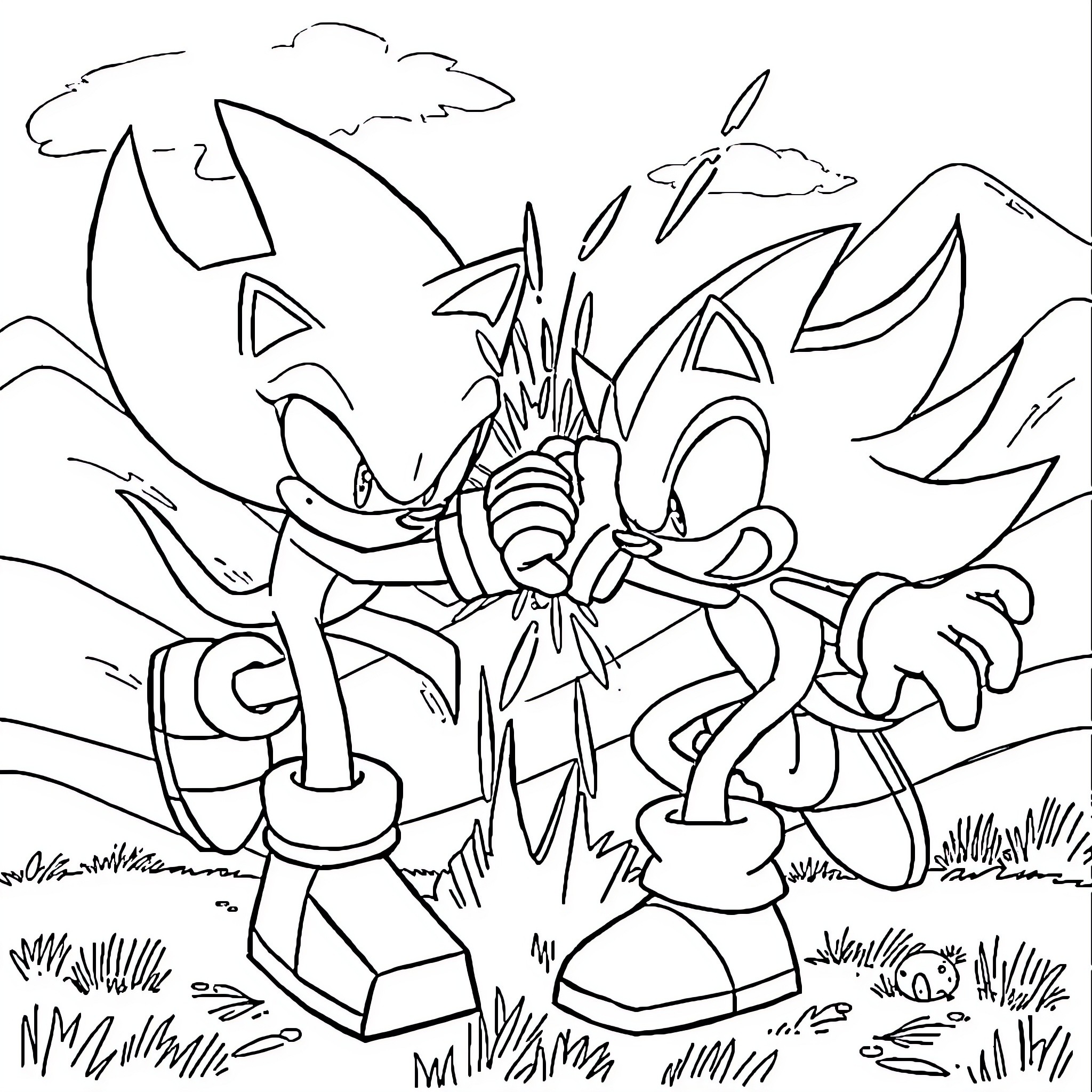 Sonic's adventurous journey through the wilderness Coloring Page (free black-and-white line drawing printable PDF for all, from beginners to advanced learners, including children, teens, adults, and seniors)