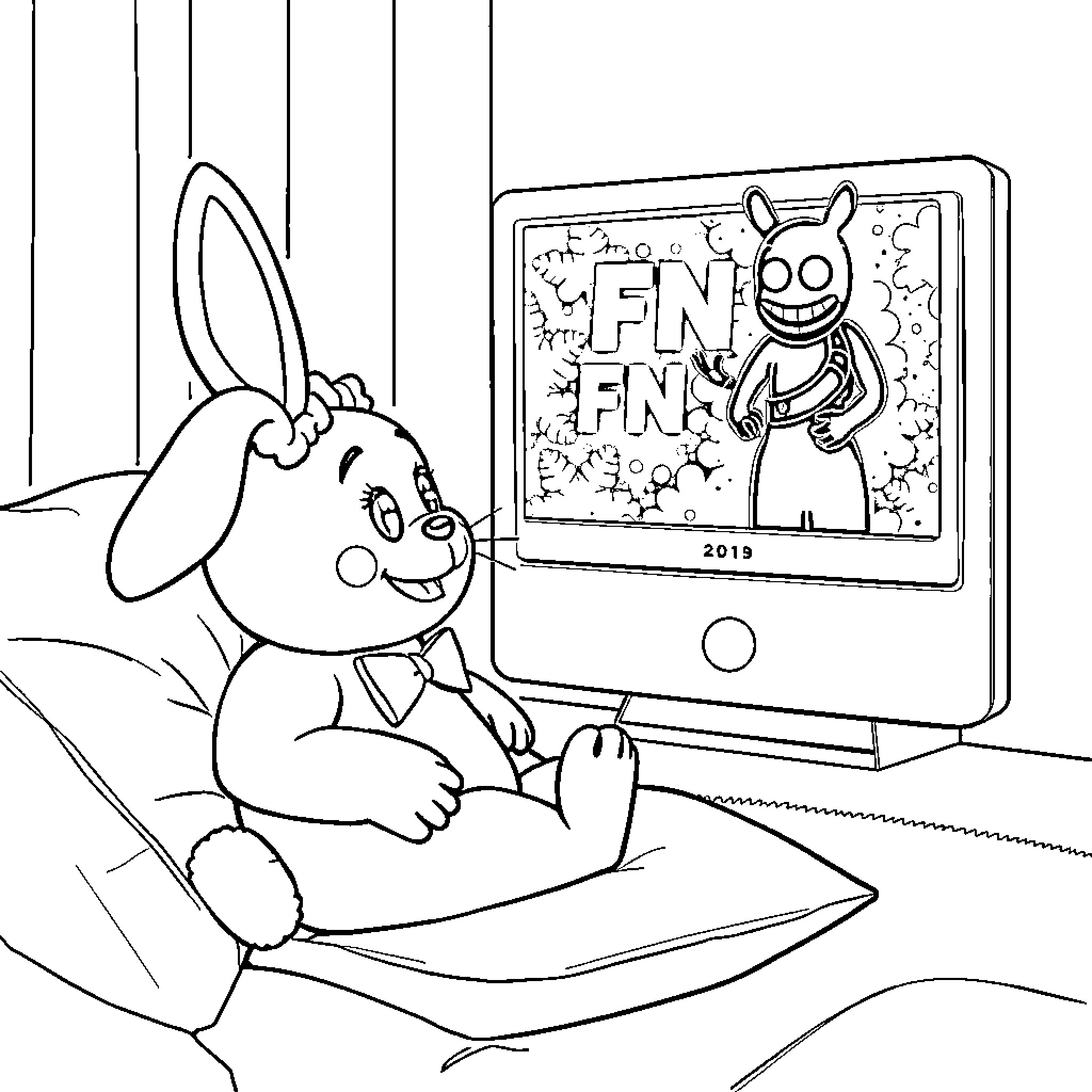 Bunny enjoying fun and entertainment on computer Coloring Page (free black-and-white line drawing printable PDF for all, from beginners to advanced learners, including children, teens, adults, and seniors)