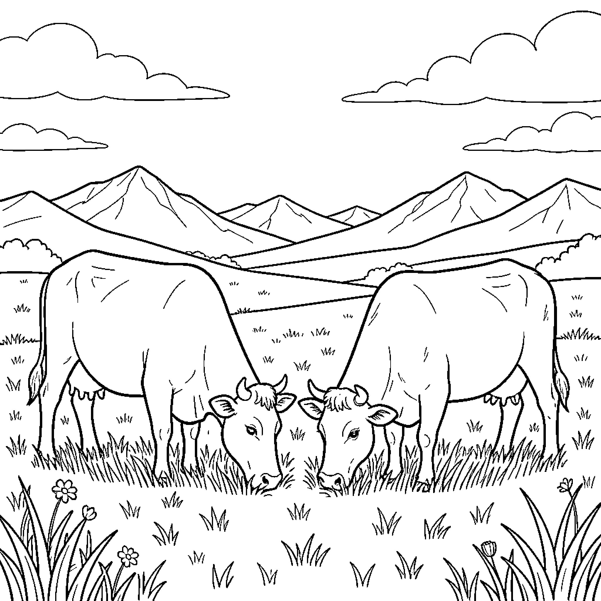 Vaches grazing peacefully in a mountain meadow Coloring Page (free black-and-white line drawing printable PDF for all, from beginners to advanced learners, including children, teens, adults, and seniors)
