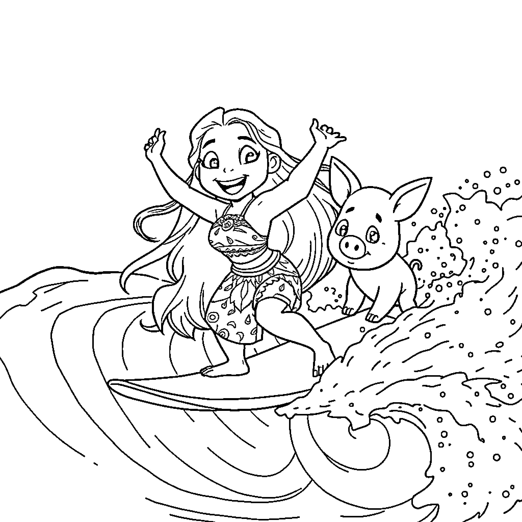 Moana surfing with her animal companion Coloring Page (free black-and-white line drawing printable PDF for all, from beginners to advanced learners, including children, teens, adults, and seniors)