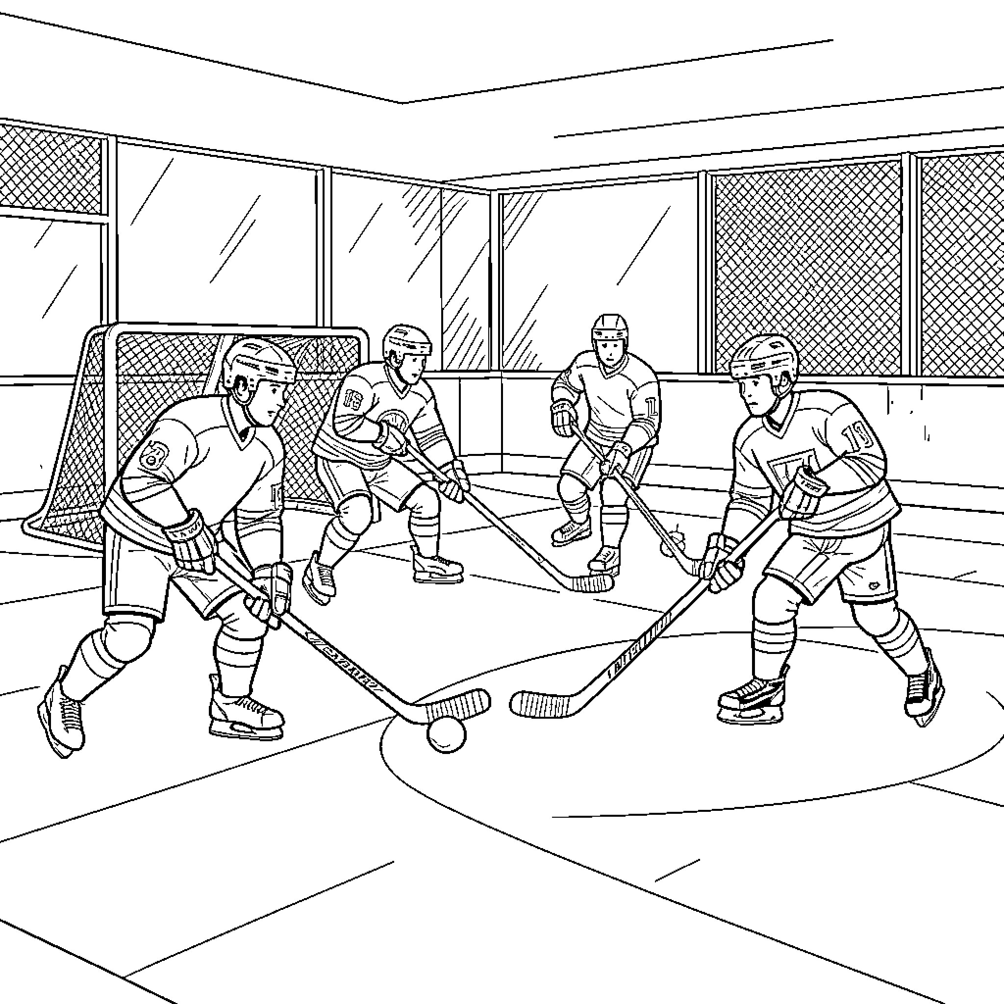 Dek Hockey players competing intensely during a match Coloring Page (free black-and-white line drawing printable PDF for all, from beginners to advanced learners, including children, teens, adults, and seniors)