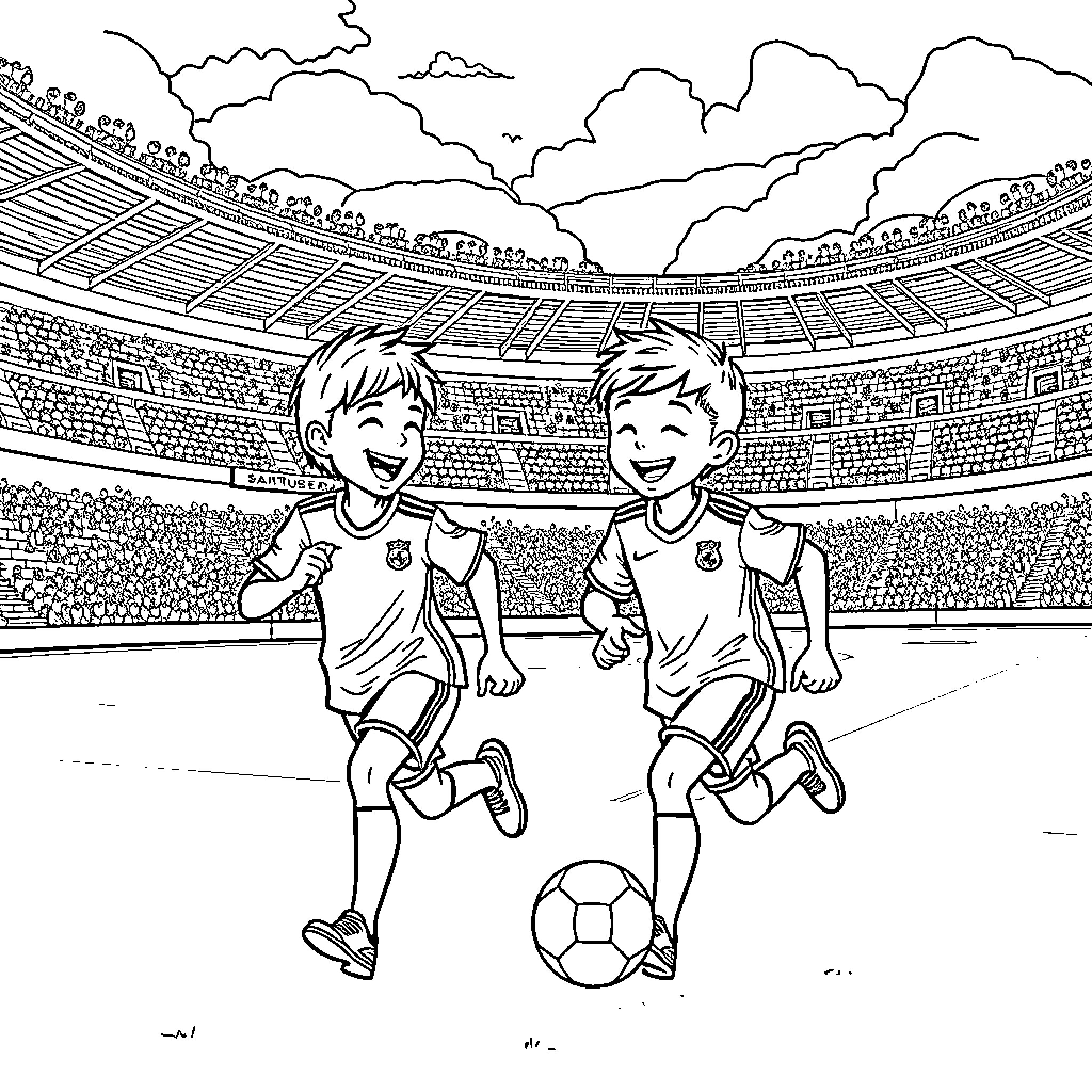 Boys playing soccer in a stadium Coloring Page (free black-and-white line drawing printable PDF for all, from beginners to advanced learners, including children, teens, adults, and seniors)