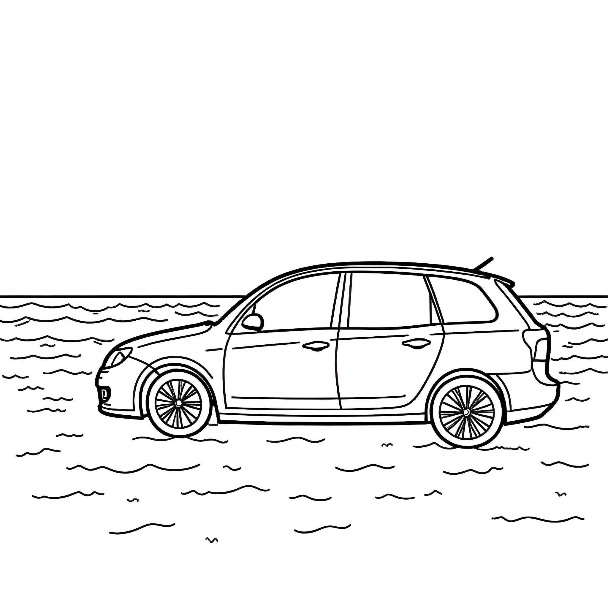 Car driving through flooded road Coloring Page (free black-and-white line drawing printable PDF for all, from beginners to advanced learners, including children, teens, adults, and seniors)