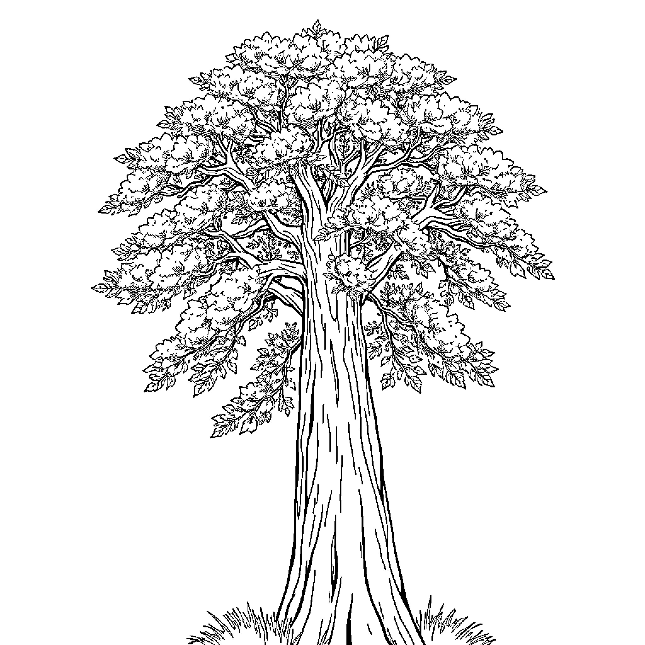 Tree with Detailed Intricate Foliage Coloring Page (free black-and-white line drawing printable PDF for all, from beginners to advanced learners, including children, teens, adults, and seniors)