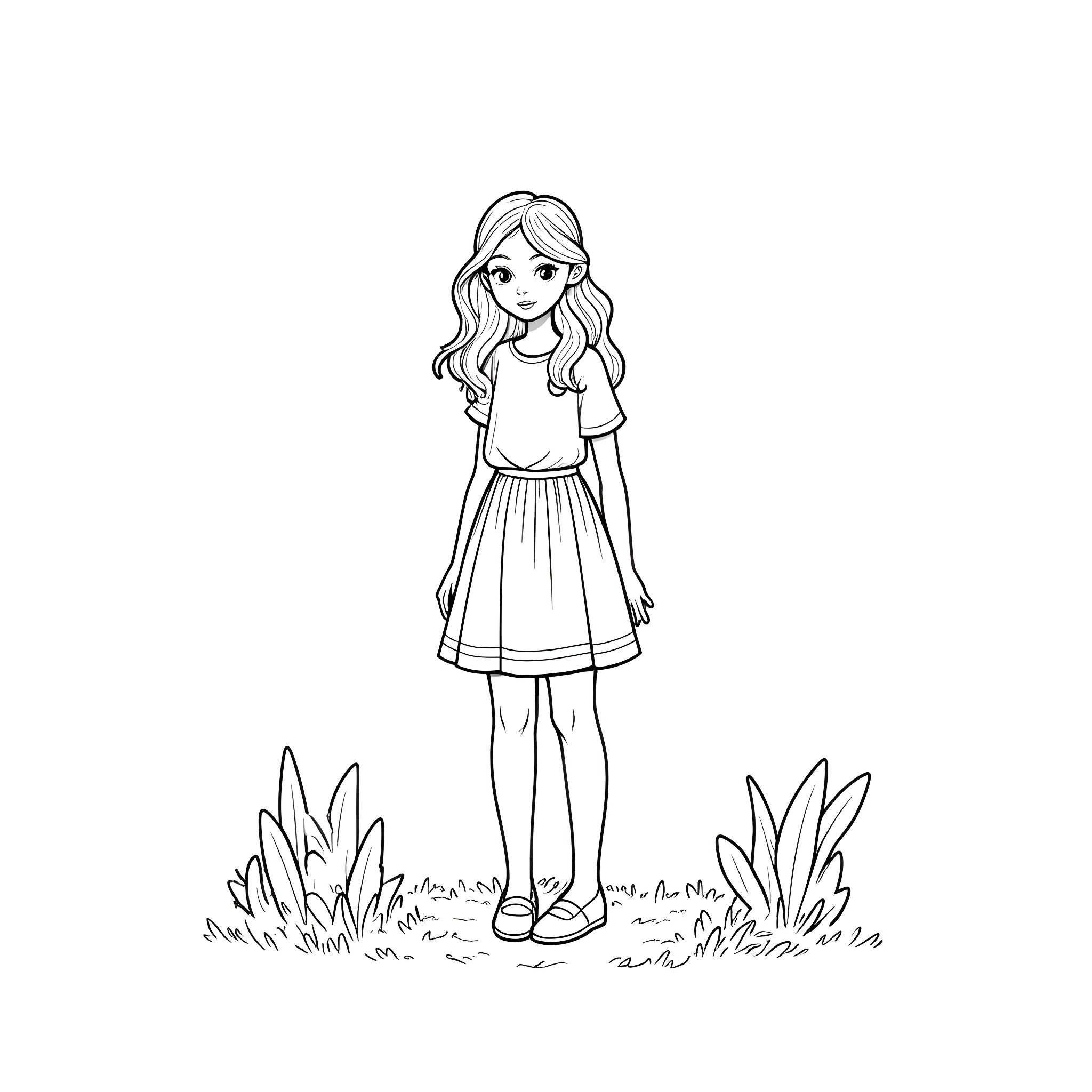 Girl in a Grassy Field with Flowers Coloring Page (free black-and-white line drawing printable PDF for all, from beginners to advanced learners, including children, teens, adults, and seniors)
