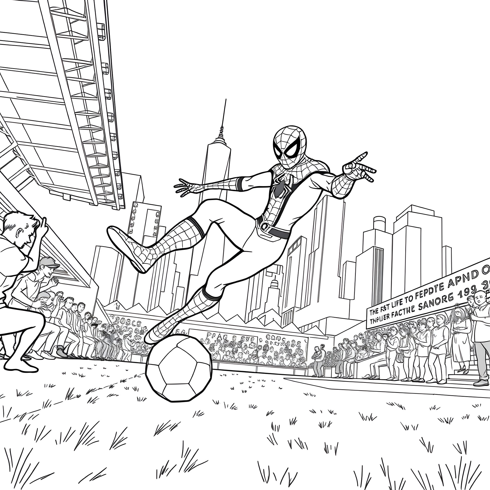 Spiderman swinging through the city on a mission Coloring Page (free black-and-white line drawing printable PDF for all, from beginners to advanced learners, including children, teens, adults, and seniors)