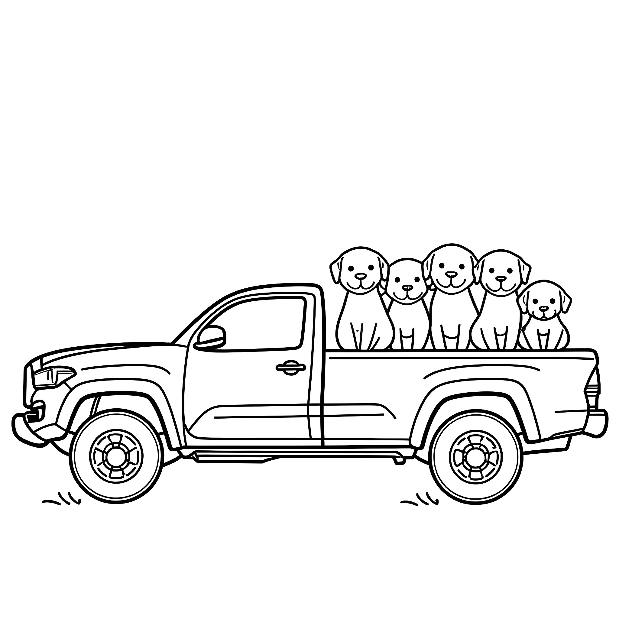 Puppy riding in the back of a pickup truck Coloring Page (free black-and-white line drawing printable PDF for all, from beginners to advanced learners, including children, teens, adults, and seniors)