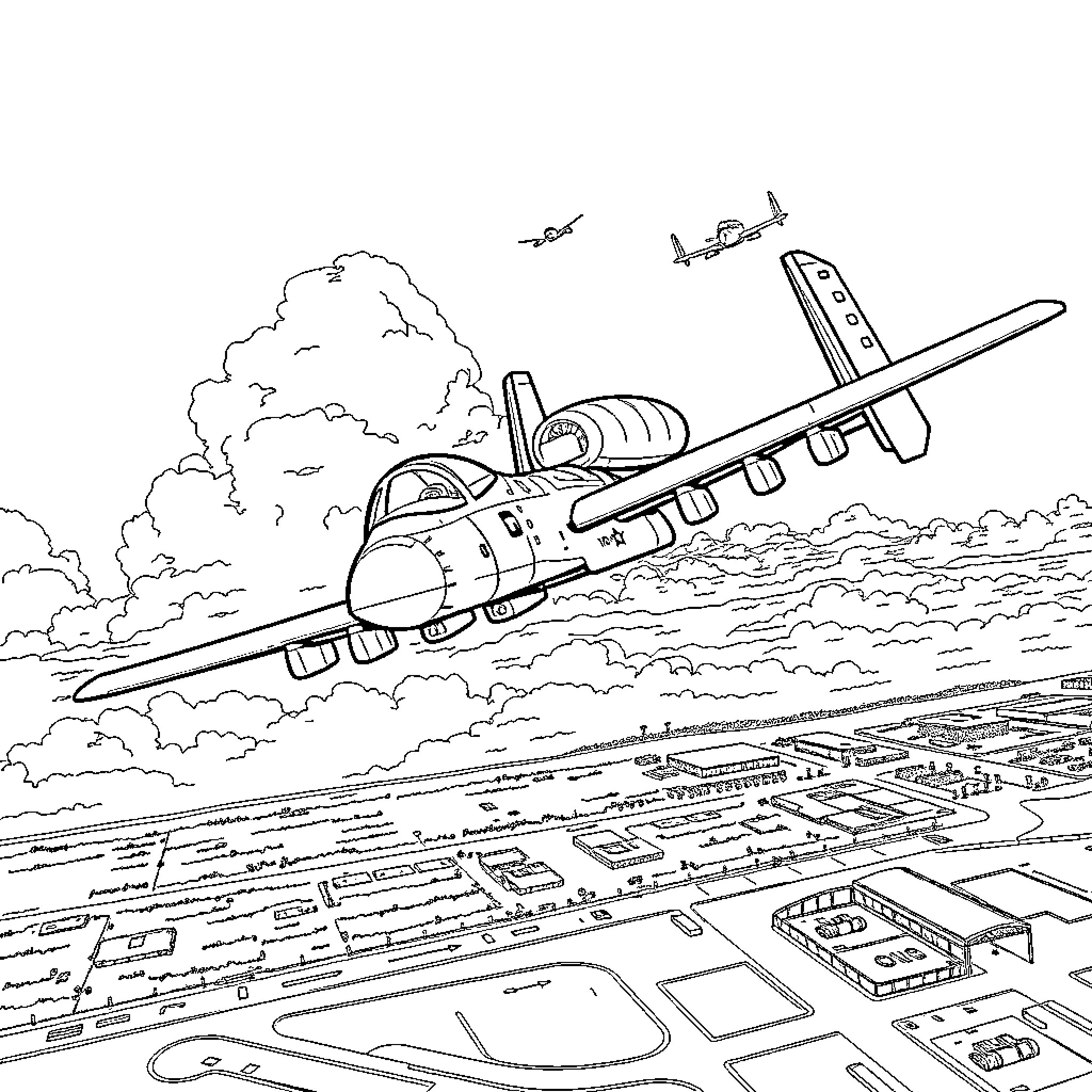A-10 Aircraft Soaring over a City Skyline Coloring Page (free black-and-white line drawing printable PDF for all, from beginners to advanced learners, including children, teens, adults, and seniors)