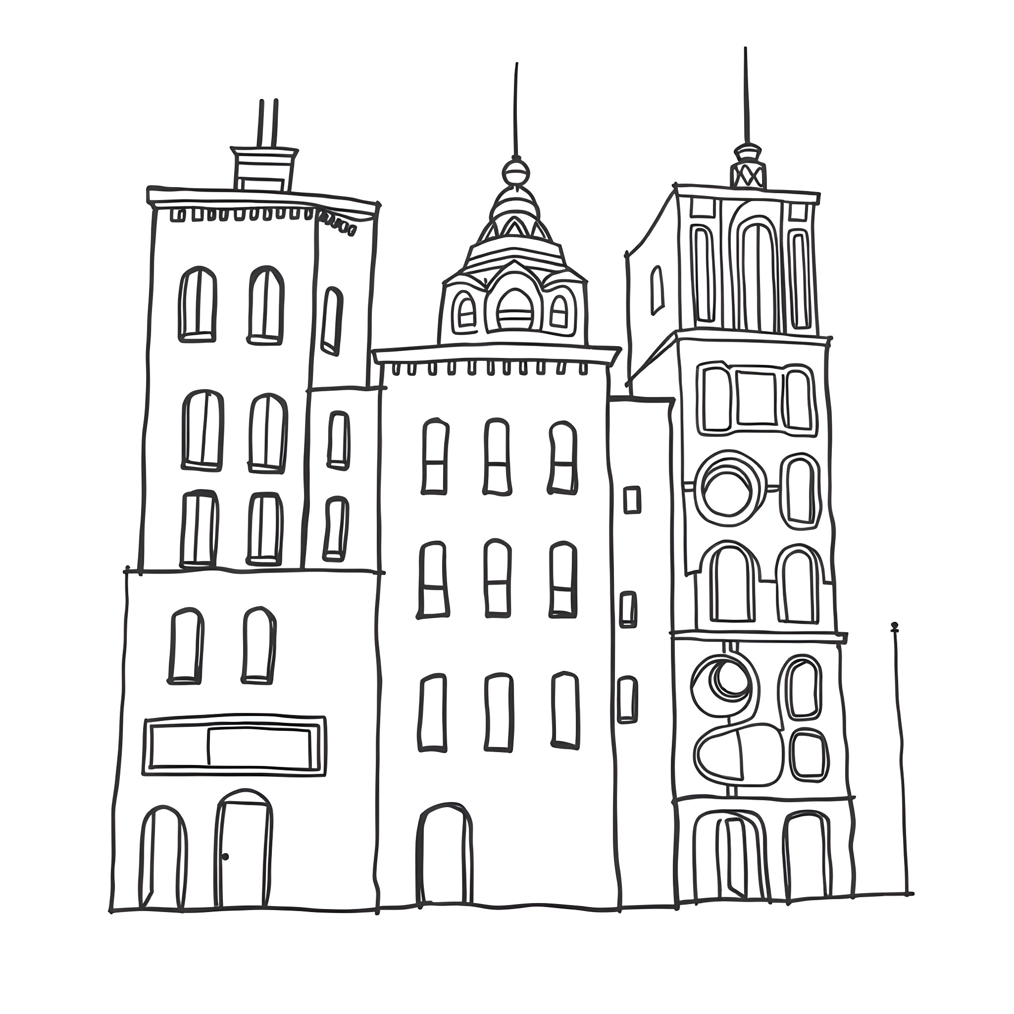 Building with unique architectural designs Coloring Page (free black-and-white line drawing printable PDF for all, from beginners to advanced learners, including children, teens, adults, and seniors)